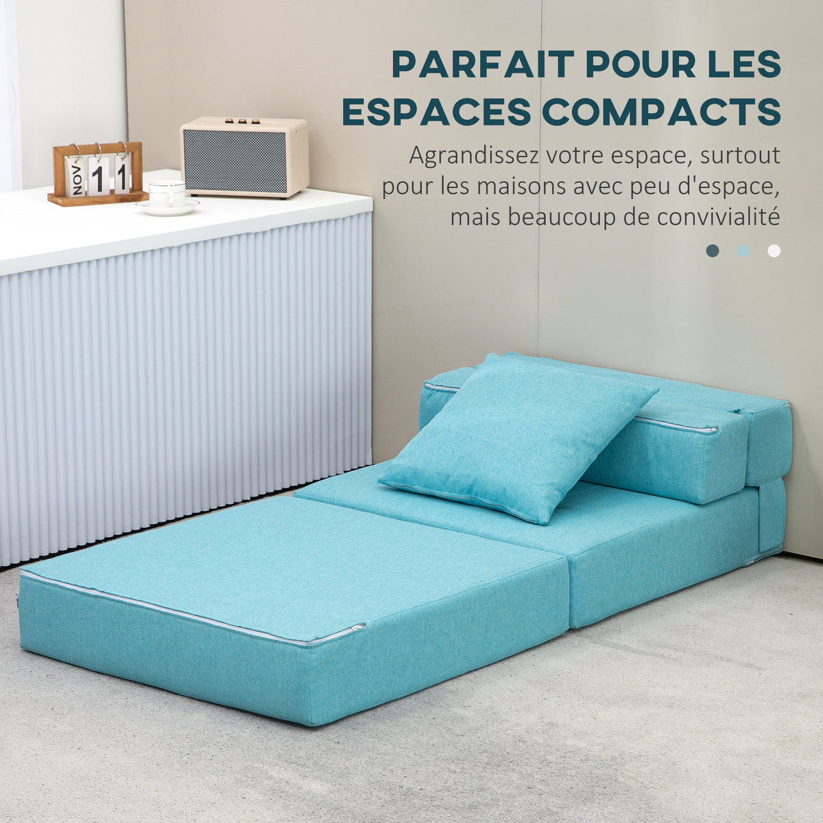 Chauffeuse canapé-lit convertible fauteuil 1 place avec 1 coussin déhoussable, tissu bleu