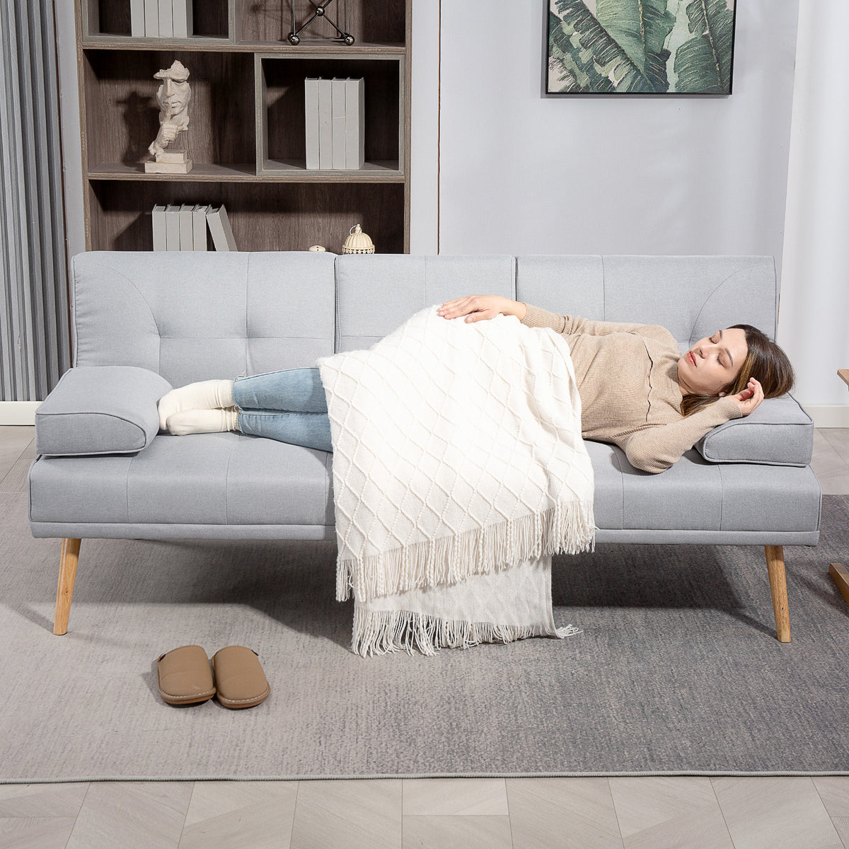 Canapé convertible 3 places, canapé-lit rembourré avec dossier réglable 3 niveaux, 2 coussins et 2 porte-gobelets intégrés, tissu de lin, pour salon, chambre d'amis, petit espace, gris clair