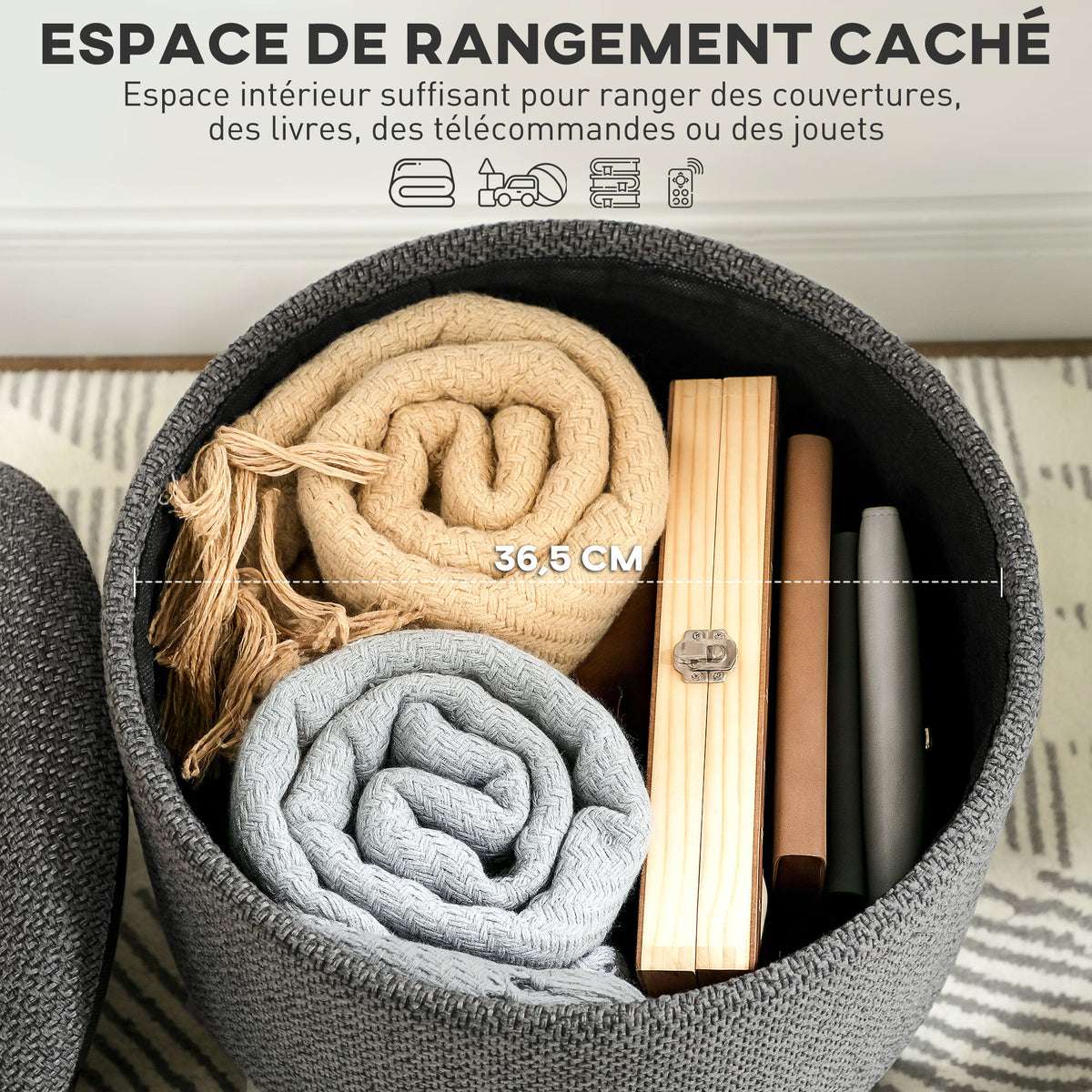 Pouf rond repose-pieds tabouret avec coffre de rangement pieds en bois design moderne gris-3