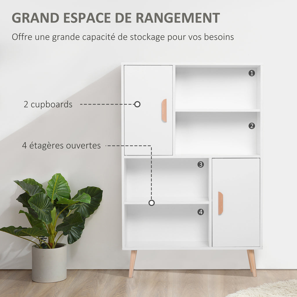 Bibliothèque scandinave 4 niches + 2 placards avec étagère dim. 80L x 24l x 123H cm Pieds effilés inclinés Bois Massif Panneaux Particules Blanc-4