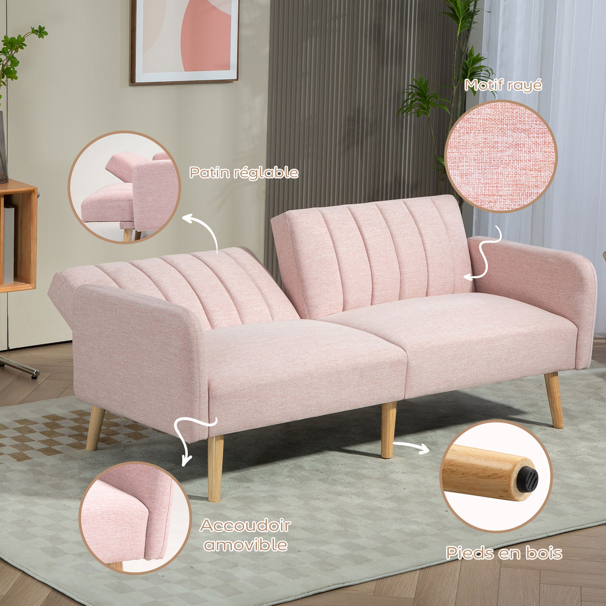 2 Személyes Ágyékanapé – Skandináv Design, Rózsaszín, Len Hatású Szövet
