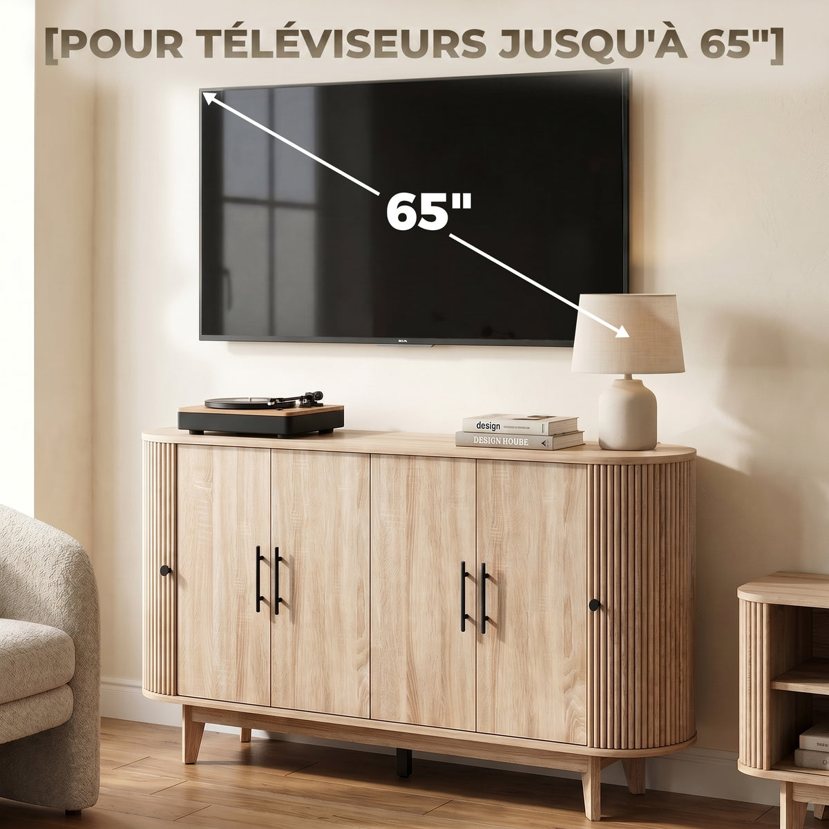 Buffet salon, meuble de rangement ovale avec 6 portes et 2 étagères réglables, 147x40x76cm, chêne-6