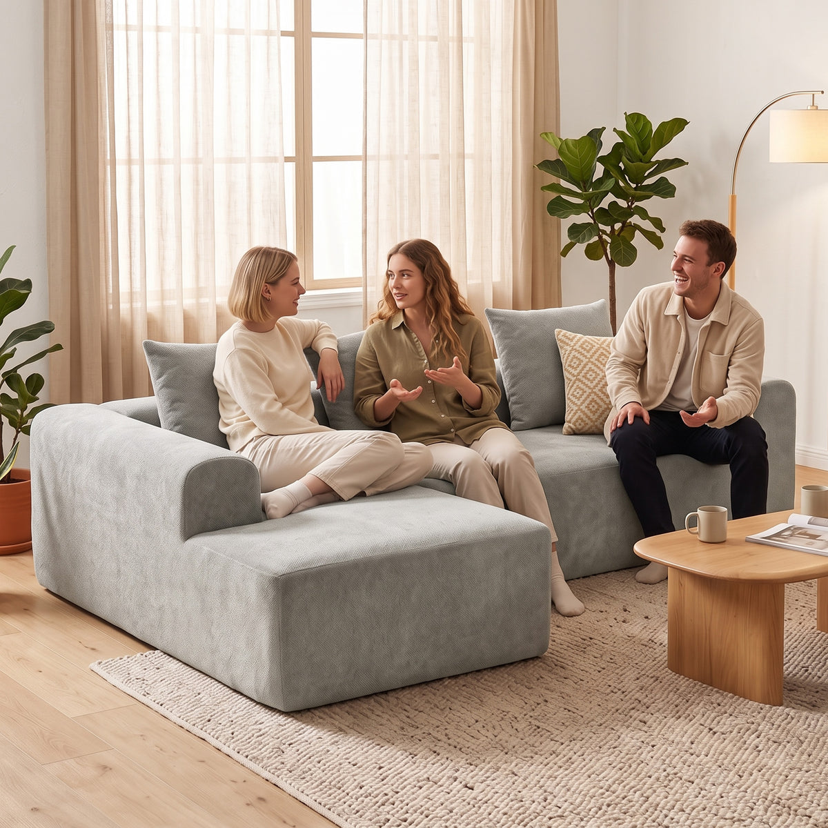 Canapé d'Angle en Chenille, Canapé 3 Places en L 242 cm avec Méridienne, Assise Profonde, Accoudoirs Larges, Gris Clair