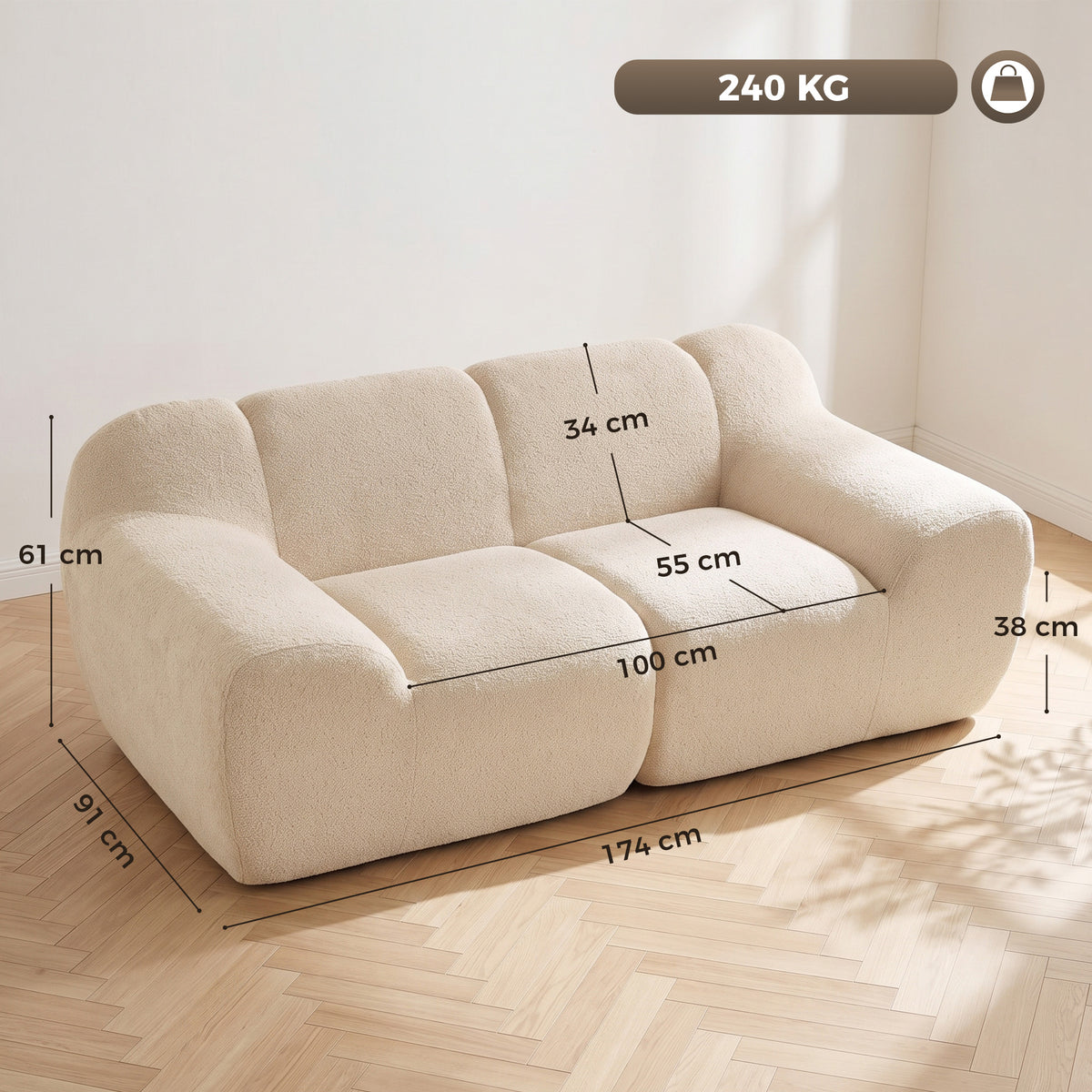 2 Személyes Felhő Kanapé – Bézs Chenille, Zsákrugós, Összeszerelésmentes