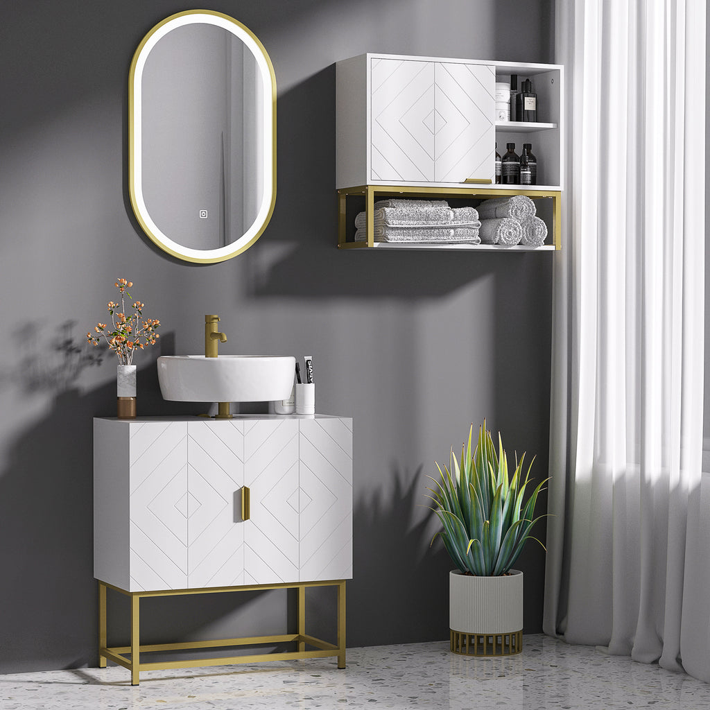 Meuble sous lavabo meuble de salle de bain avec placard double porte pieds en acier doré 60 x 30 x 65 cm blanc-6