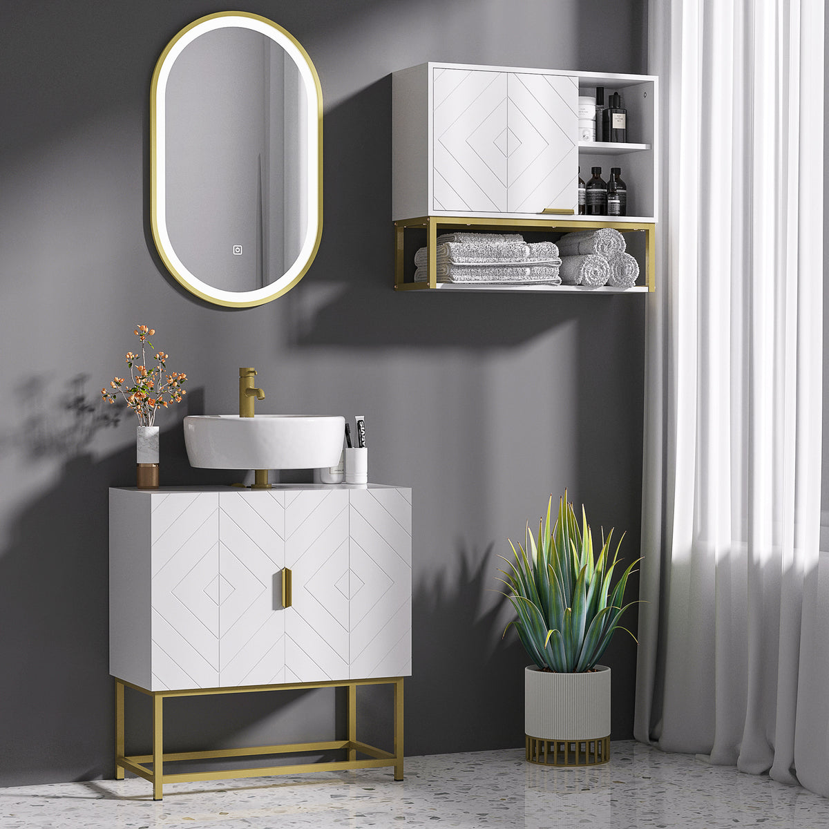 Meuble sous lavabo meuble de salle de bain avec placard double porte pieds en acier doré 60 x 30 x 65 cm blanc-6