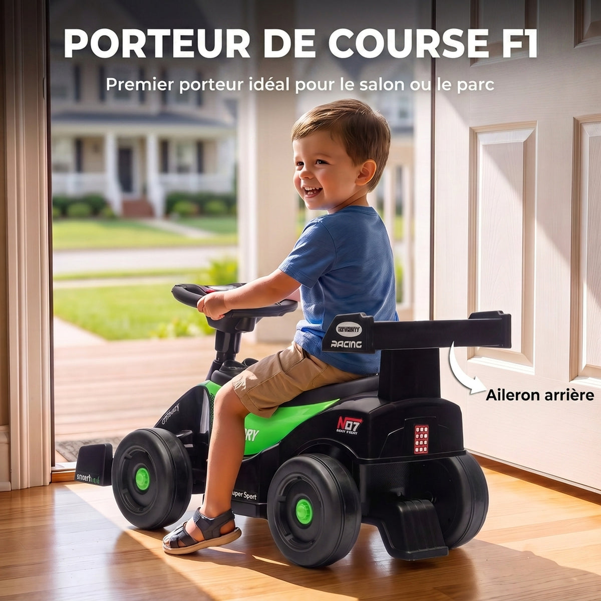 Porteur enfants voiture F1, véhicule à pousser avec volant musical, roues silencieuses et coffre, 18-36 mois, vert-3
