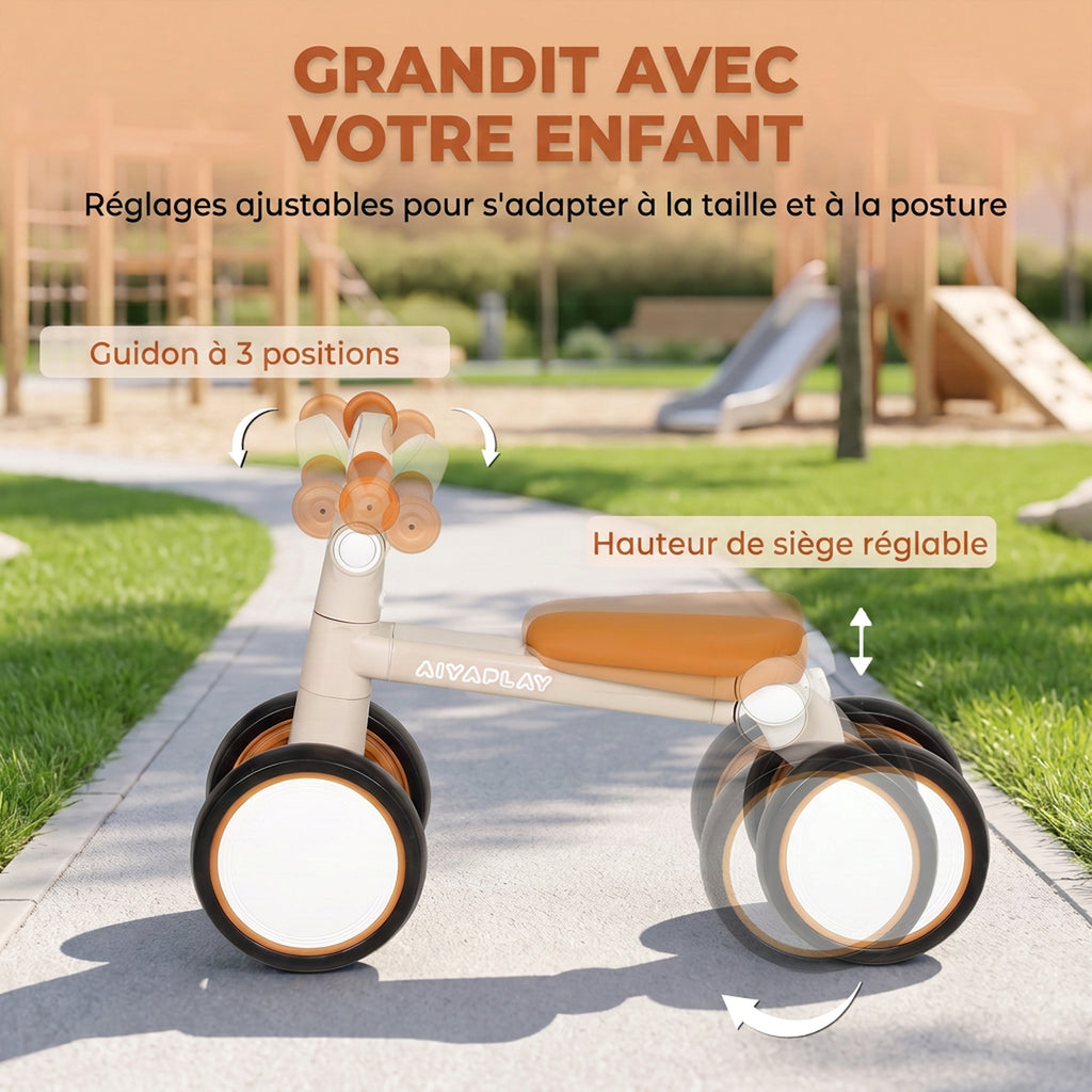 Draisienne Bébé 1-2 Ans Pliable, Cadre Léger en Aluminium, Siège Guidon Réglables, Pneus Silencieux, 57x28,5x40cm, Crème
