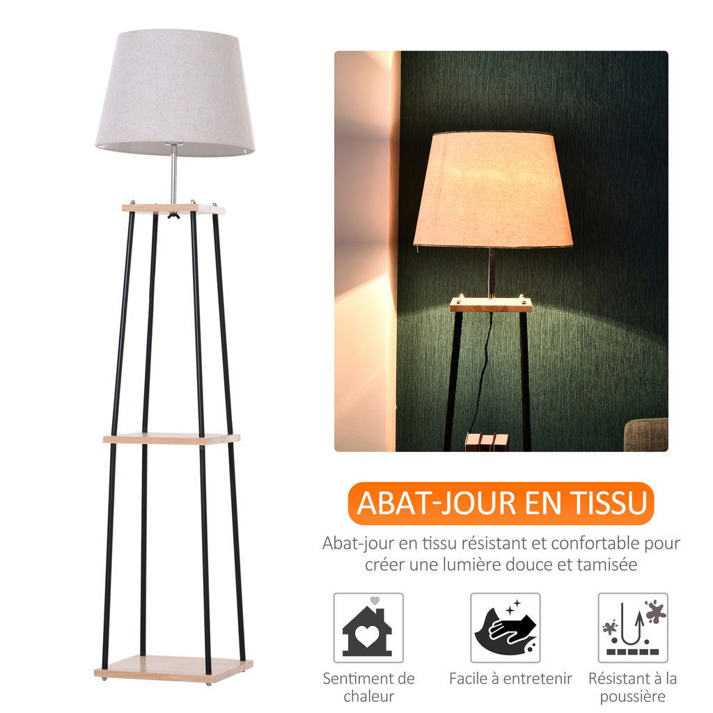 Lampadaire design contemporain dim. 40L x 40l x 160H cm 40 W max. 3 étagères intégrées bois massif pin métal noir lin beige-4