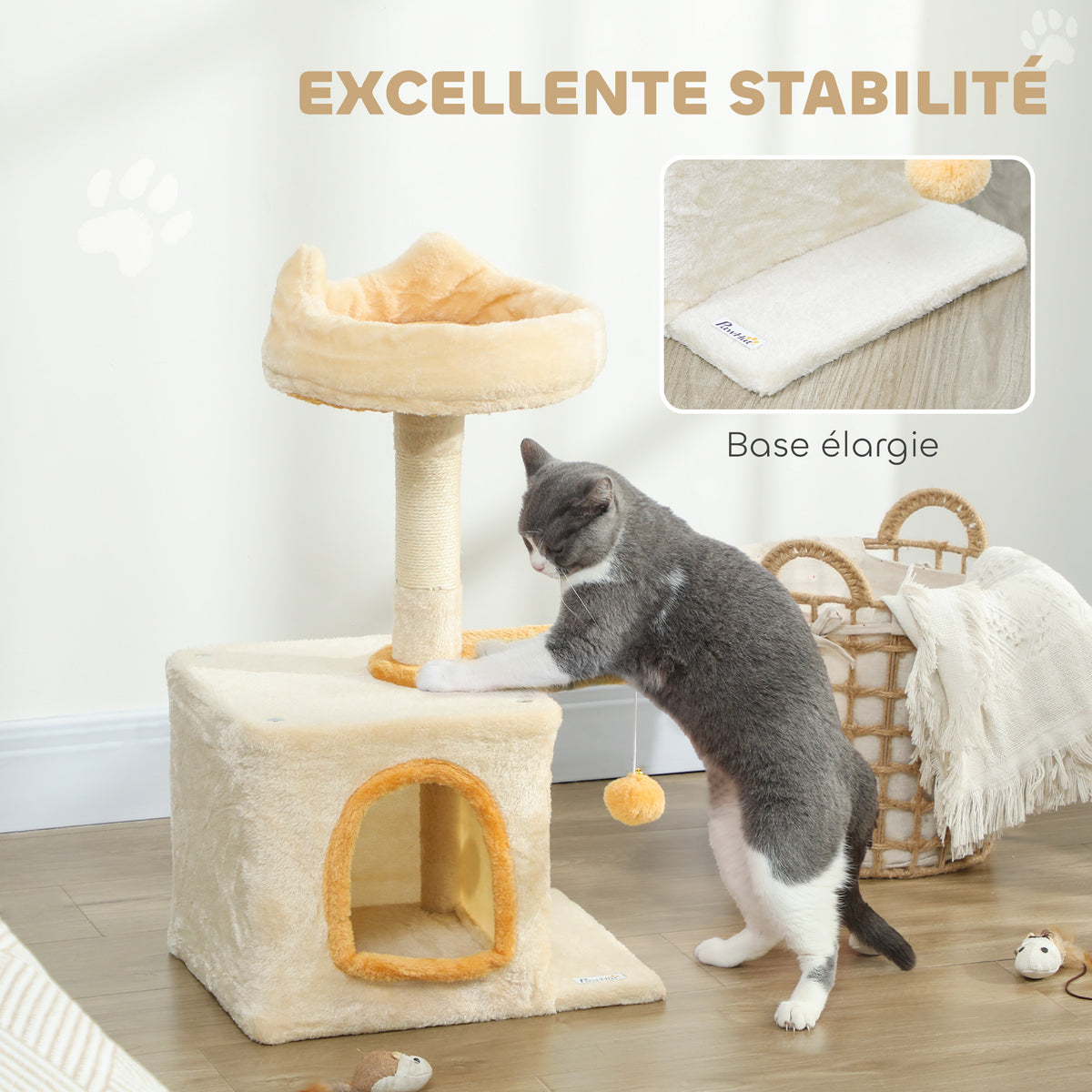Arbre à Chat 72 cm, Perchoir Doux, Plateforme en Forme de Poisson, Niche en Peluche, Poteaux en Sisal, Balle, Beige-5