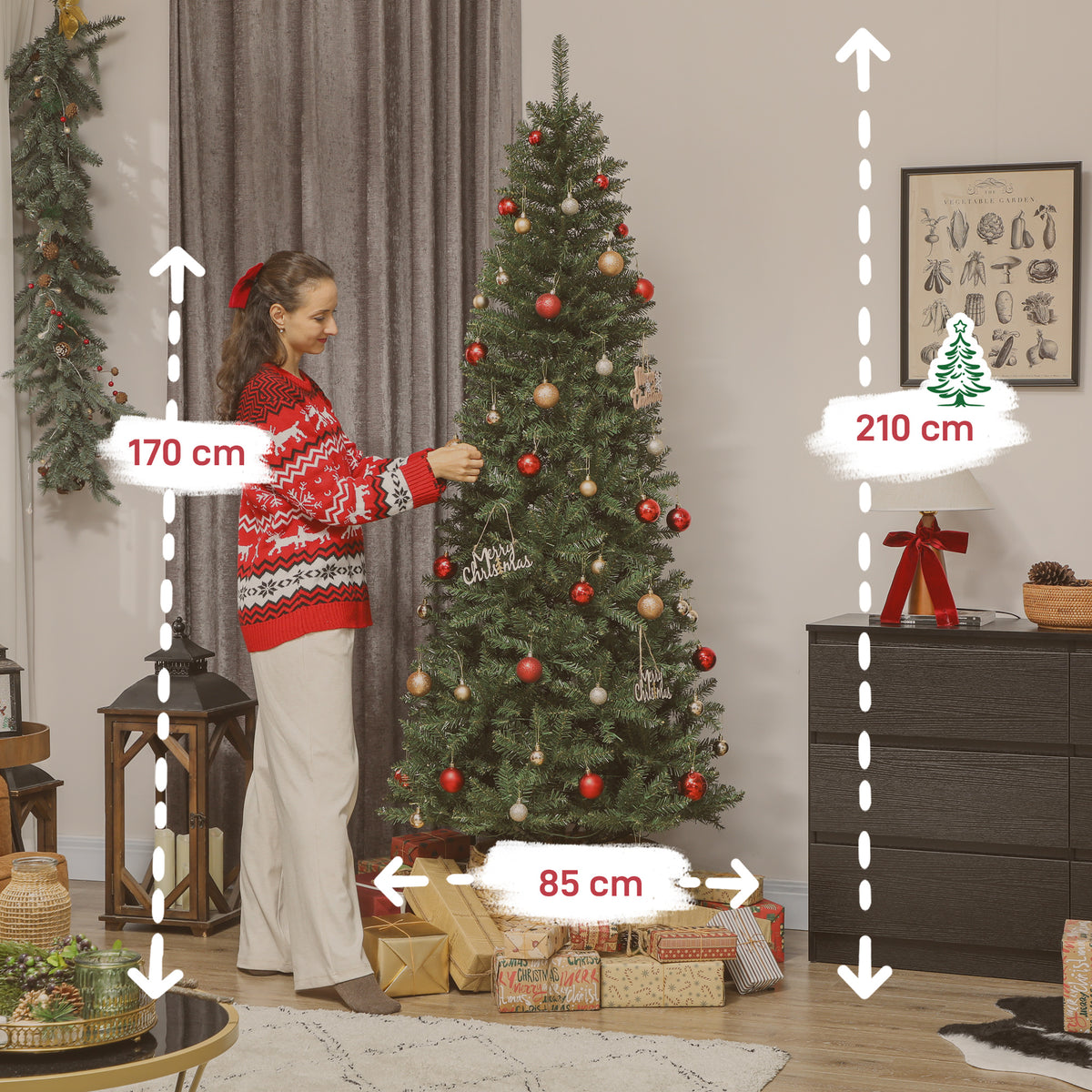 Sapin de Noël artificiel 210 cm, arbre de Noël fin avec 350 lumières, 1273 pointes, support en métal pliable, vert-2