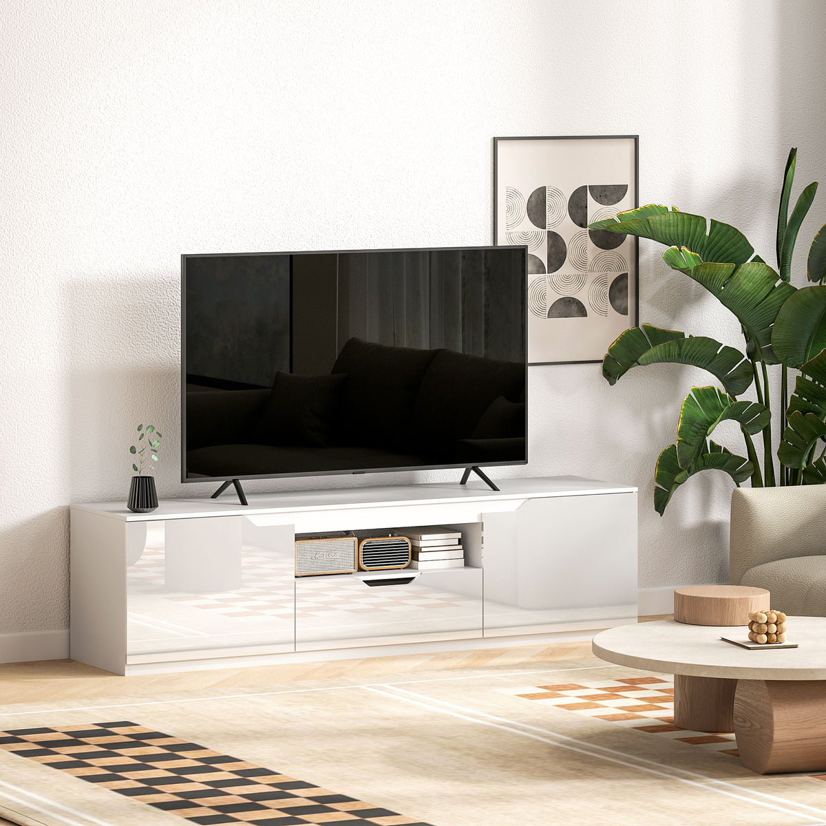 Modern fehér TV-állvány 160 cm, fényes előlapokkal és fiókkal
