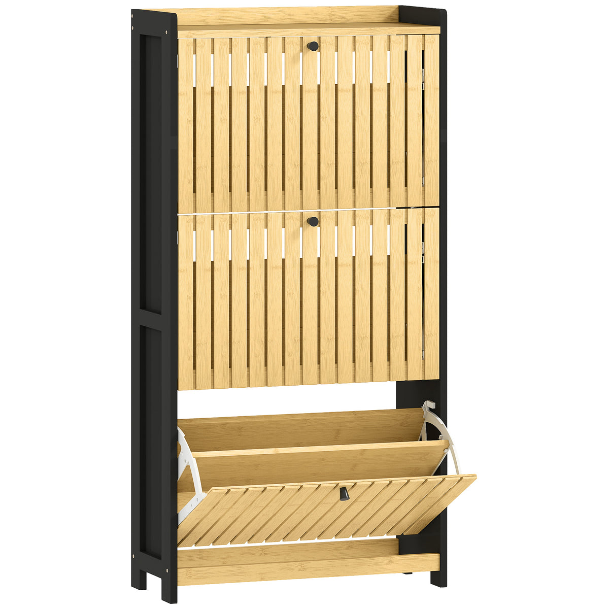 Meuble à chaussures 18 paires avec 3 tiroirs rabattables, portes en bambou à lattes, 60x24x118cm, noir et bois naturel-0