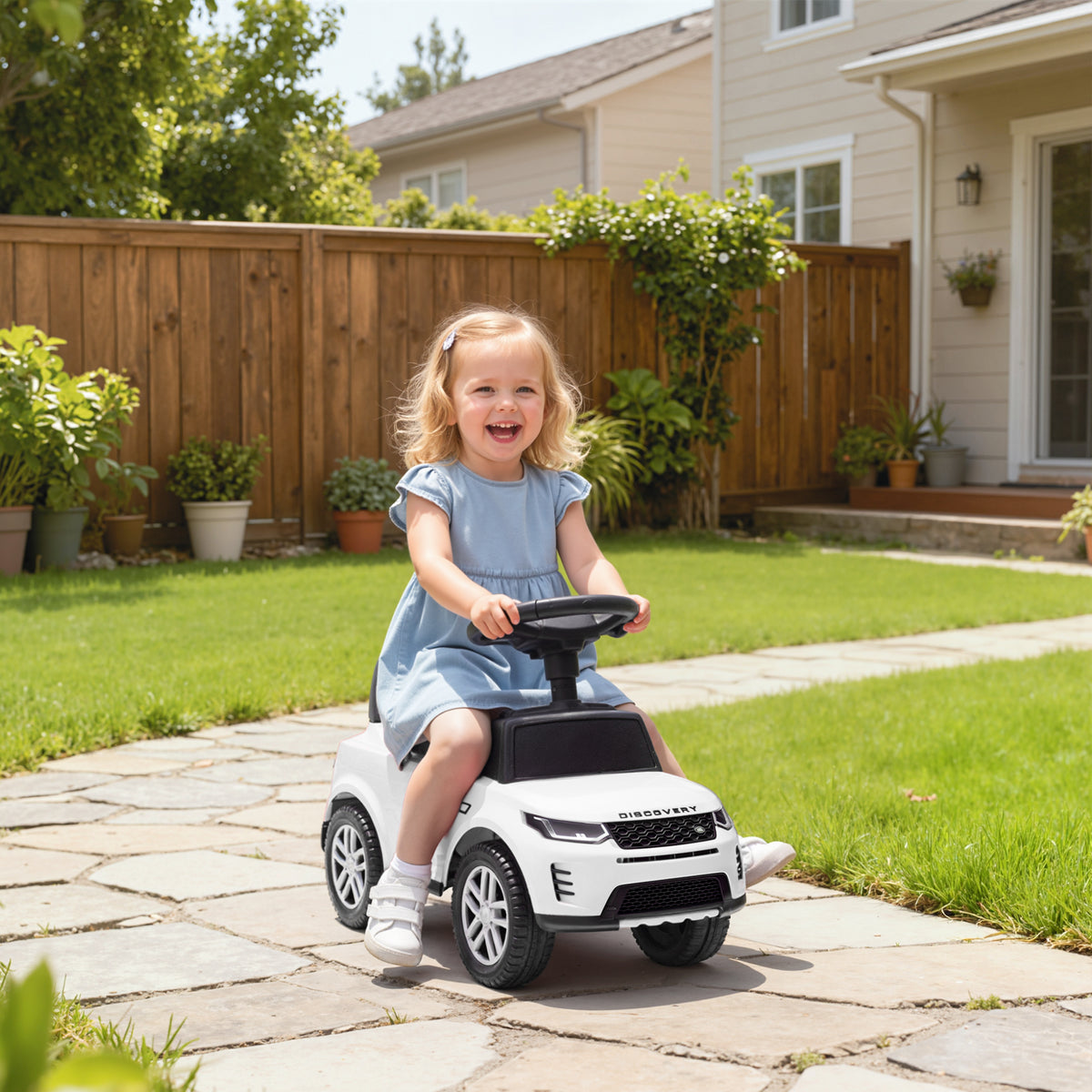 Porteur enfants voiture sous licence Land Rover, véhicule à pousser, klaxon, sons de moteur, rangement sous siège, blanc