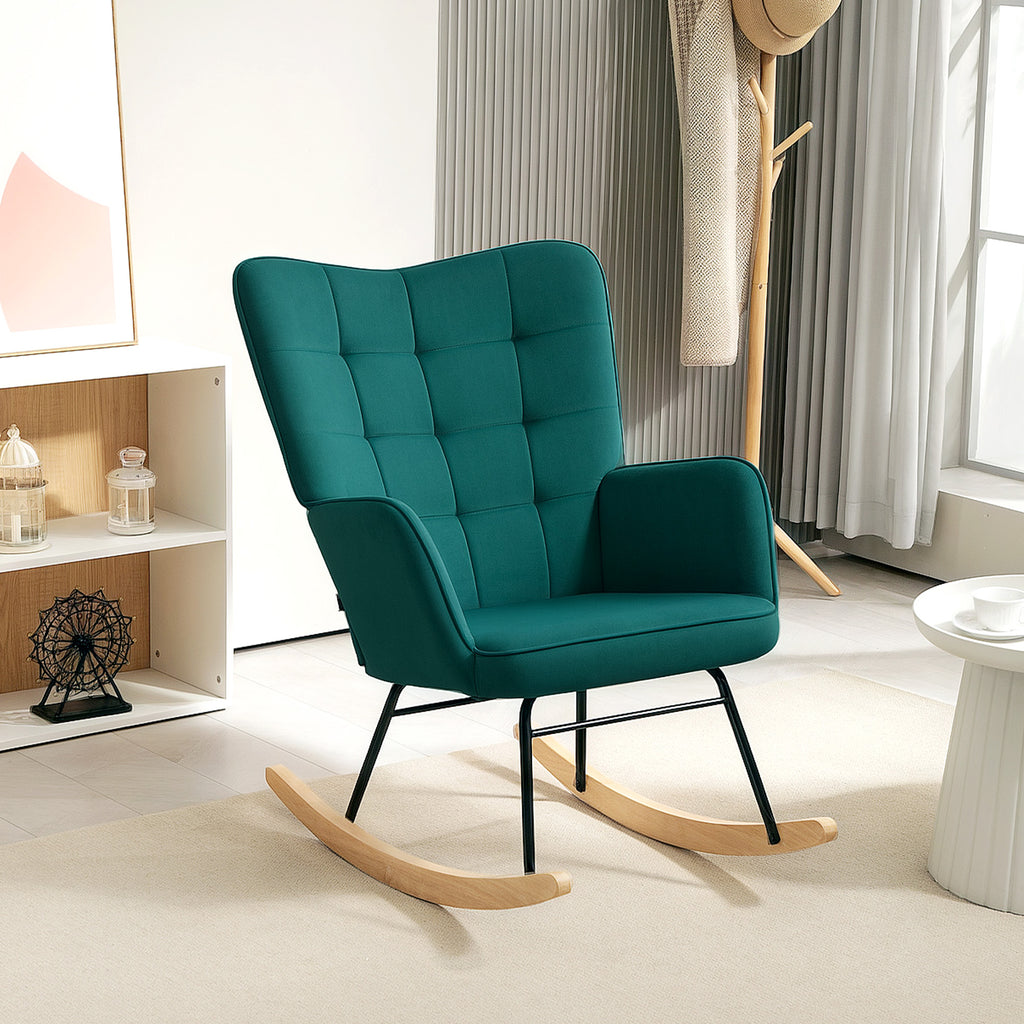 Fauteuil à bascule rocking chair revêtement en velous structure en acier 71 x 98 x 101 cm Vert-9