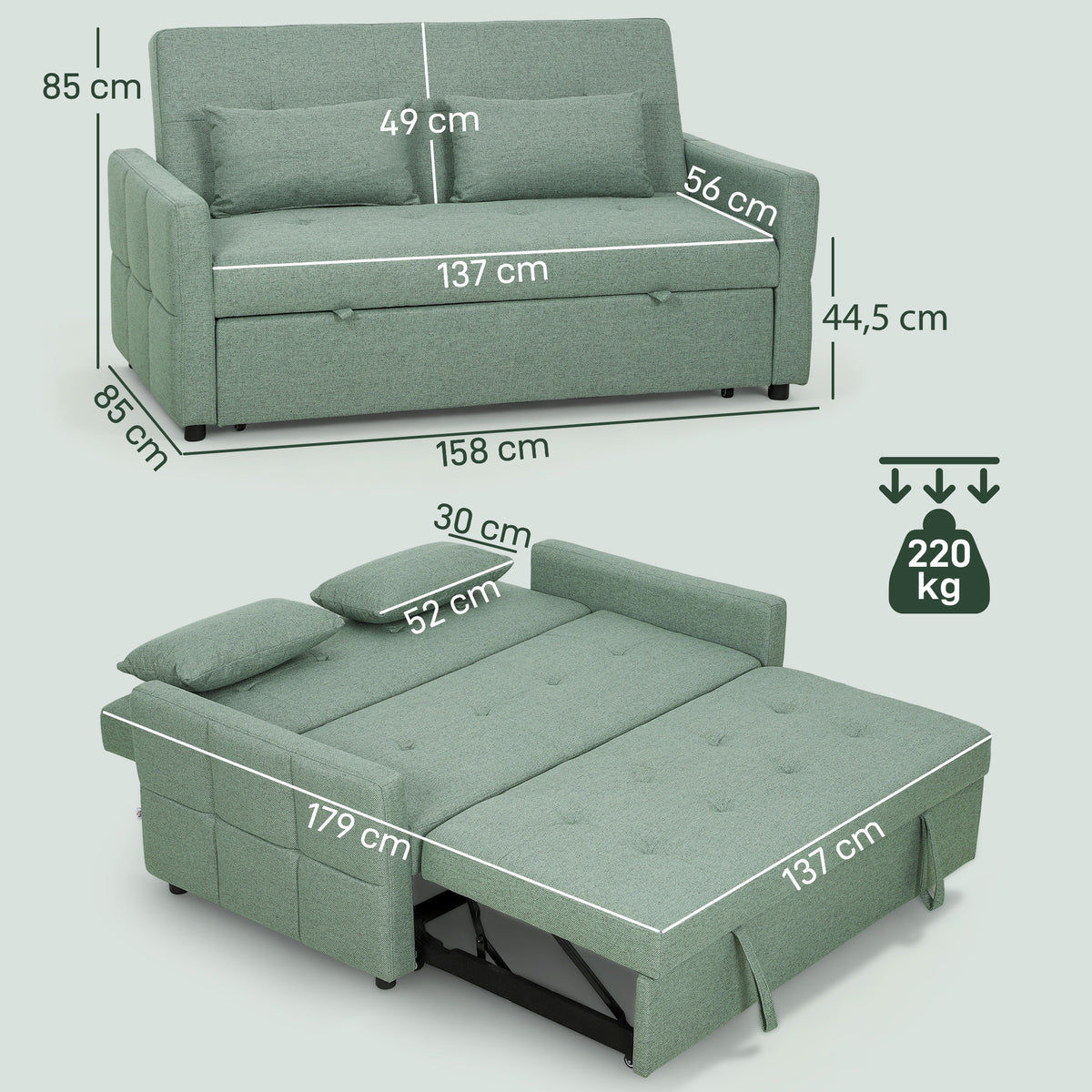 Canapé Convertible 2 Places 3 en 1, Canapé-Lit Clic Clac 160 cm, Dossier Réglable, Assise Large, 2 Oreillers, Vert-2