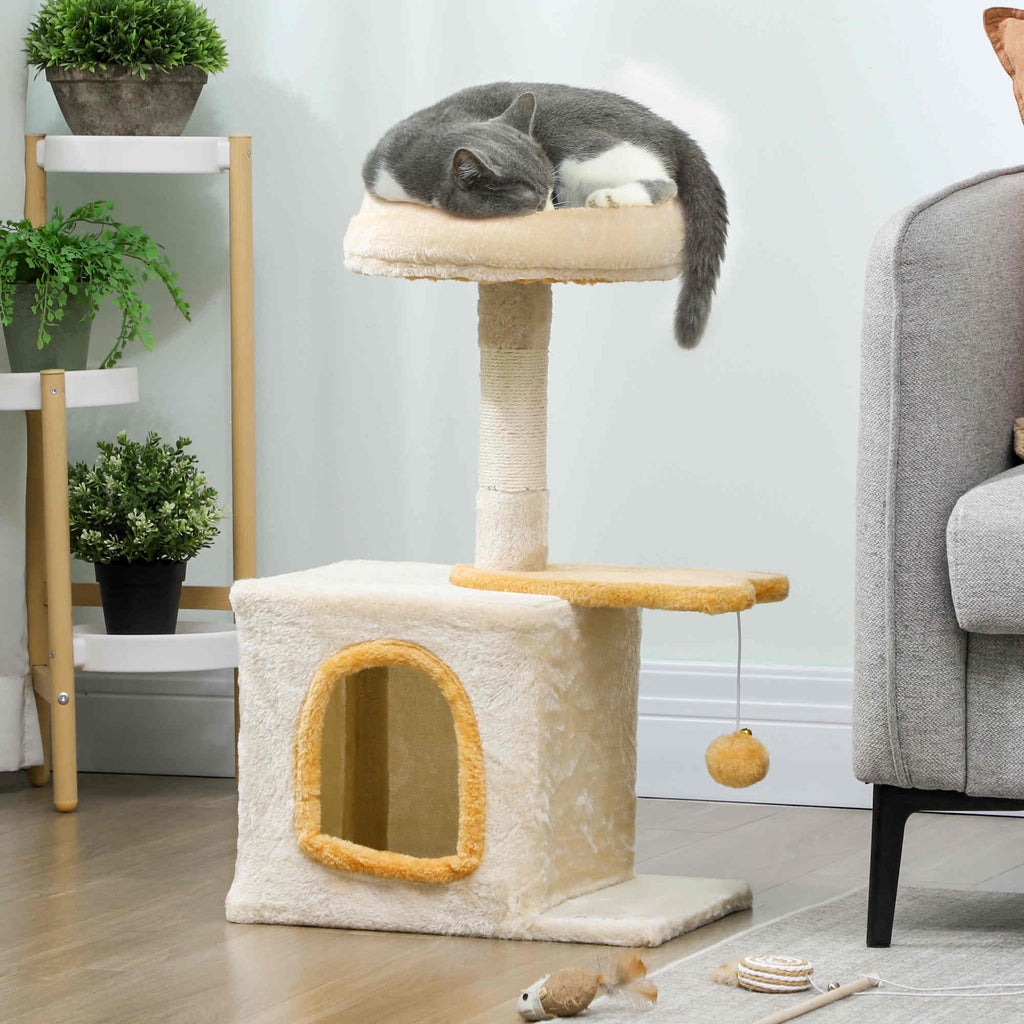 Arbre à Chat 72 cm, Perchoir Doux, Plateforme en Forme de Poisson, Niche en Peluche, Poteaux en Sisal, Balle, Beige-1