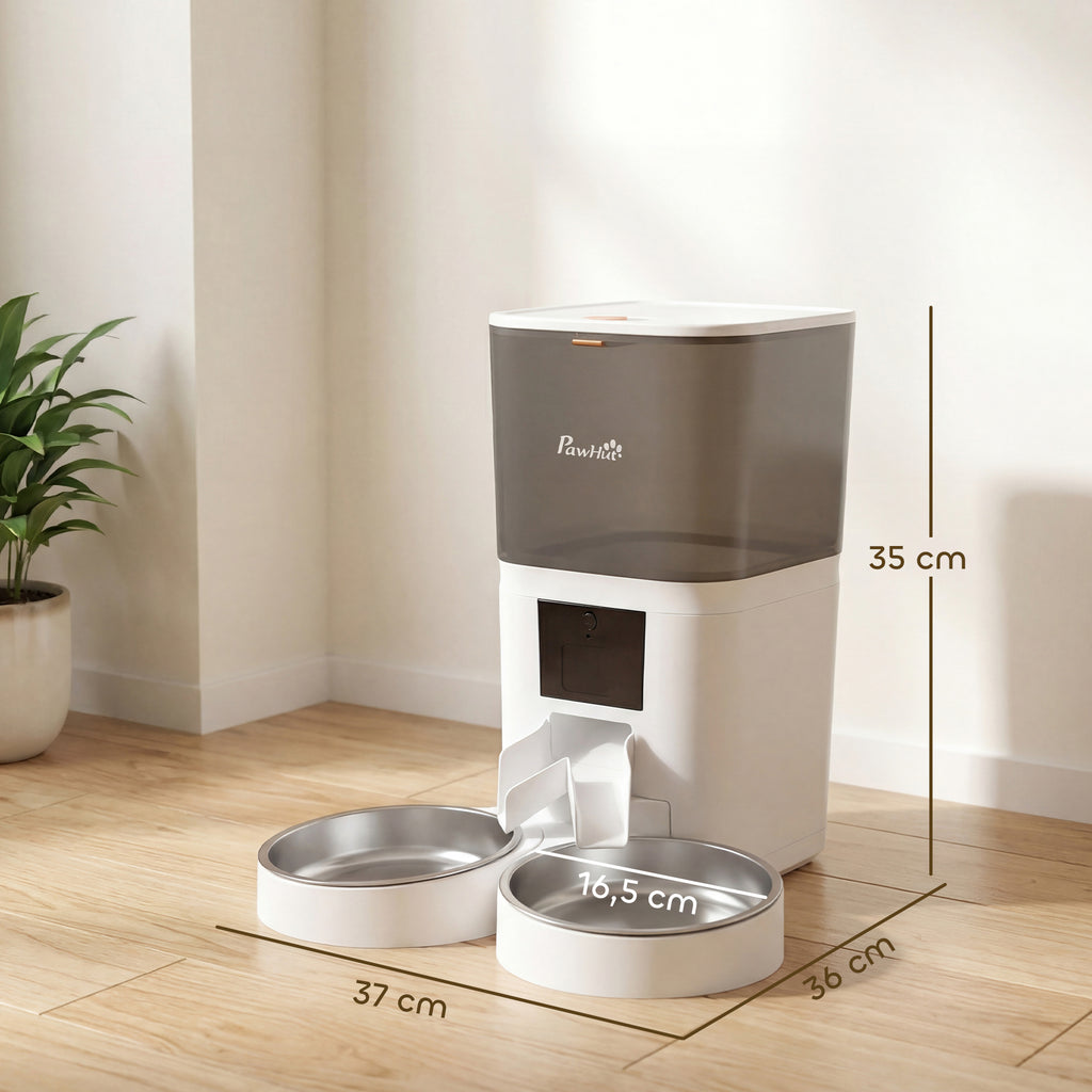Distributeur Croquettes Chat Automatique 2 Animaux 6L Double Bol Inox WiFi Tuya App ABS 37x36x35cm Blanc-2