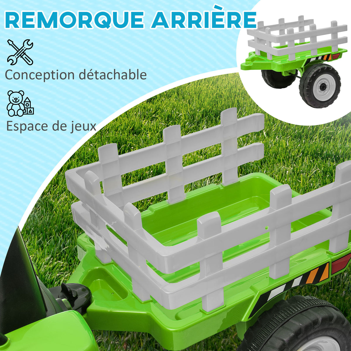 Tracteur électrique avec remorque amovible, pour enfants de 3 à 6 ans avec télécommande MP3 musique affichage lumières