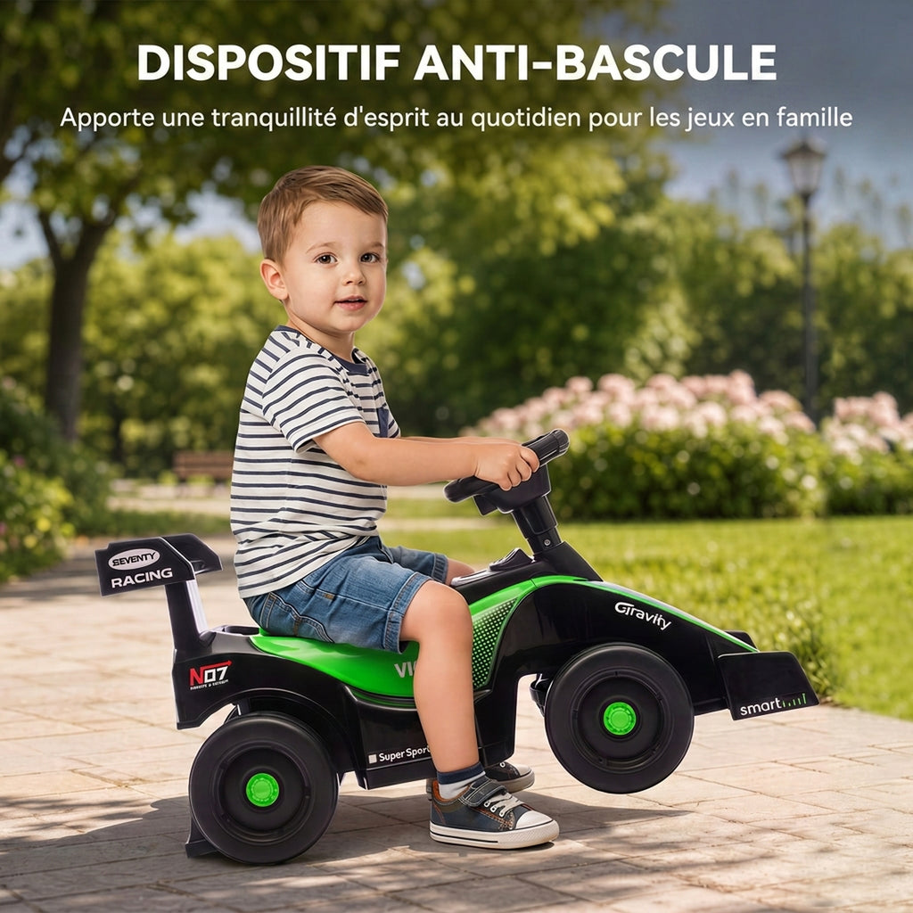 Porteur enfants voiture F1, véhicule à pousser avec volant musical, roues silencieuses et coffre, 18-36 mois, vert-5