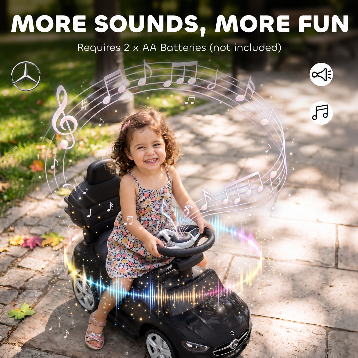 Porteur Enfants 3 en 1 Mercedes-Benz sous Licence, Garde-Corps, Espace de Rangement, Klaxon, 83x40x90cm, Noir