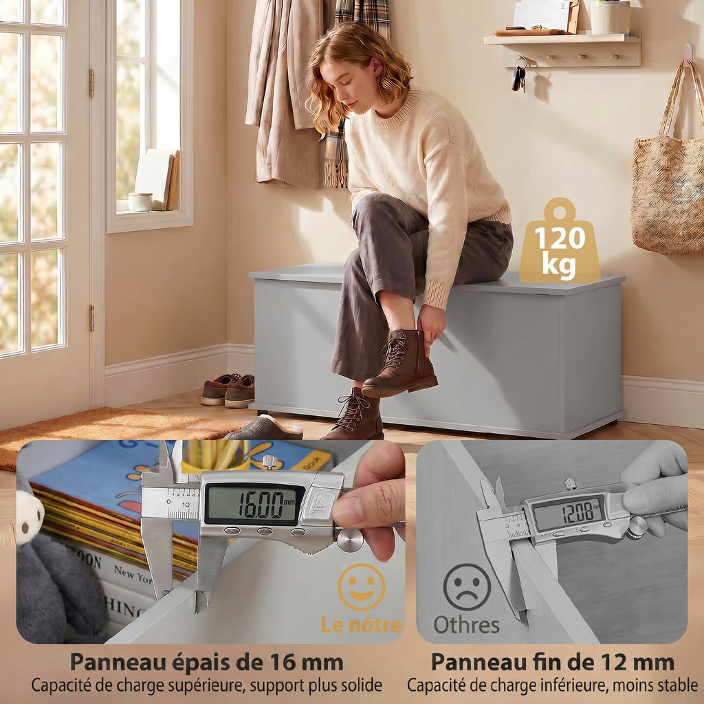 Coffre de rangement, banc de rangement avec couvercle rabattable et charnières de sécurité, 100 x 40 x 40 cm, gris-5