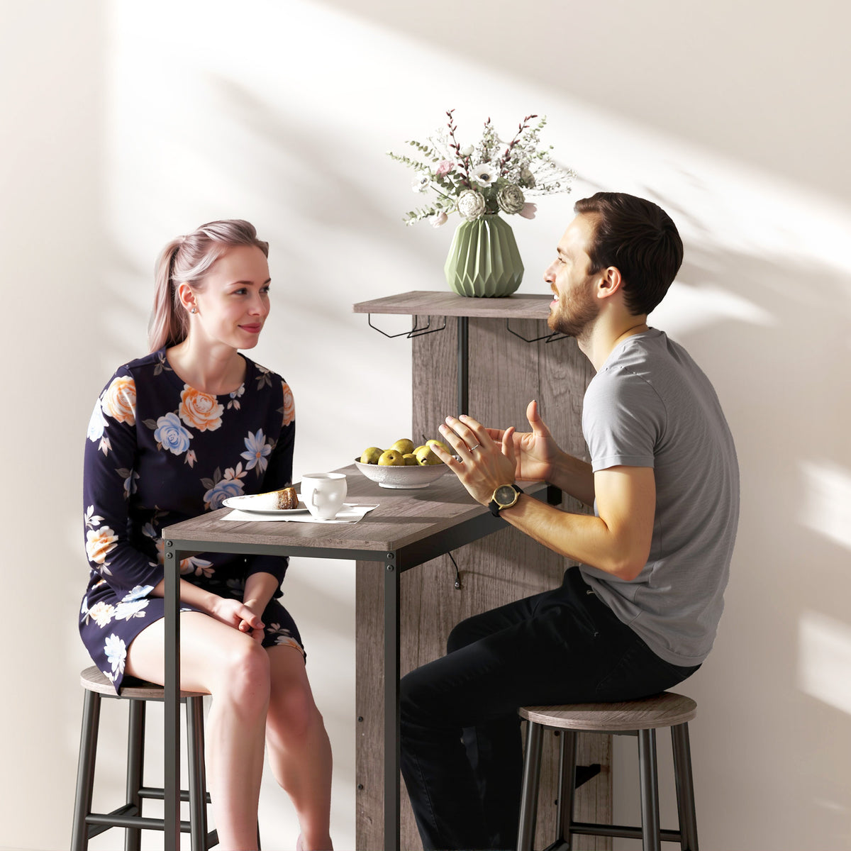 Ensemble table de bar avec tabourets, table à manger debout avec 2 chaises de bar étagères, casiers à vin, gris-8