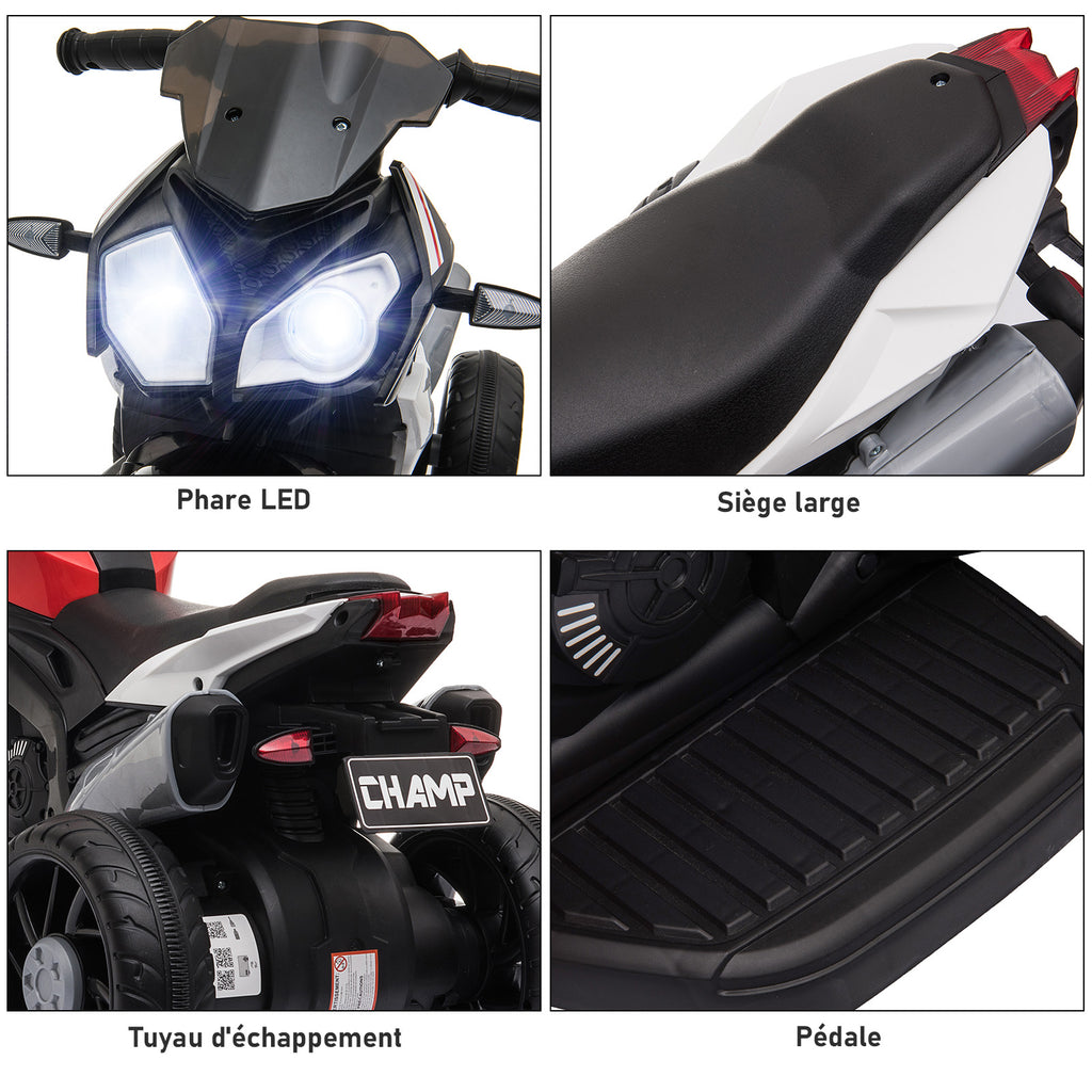 Moto électrique enfants 3 roues 6 V, voiture électrique enfants avec effets lumineux et sonores, vitesse 3 km/h, pour 3 à 5 ans, charge 25 kg, noir et rouge