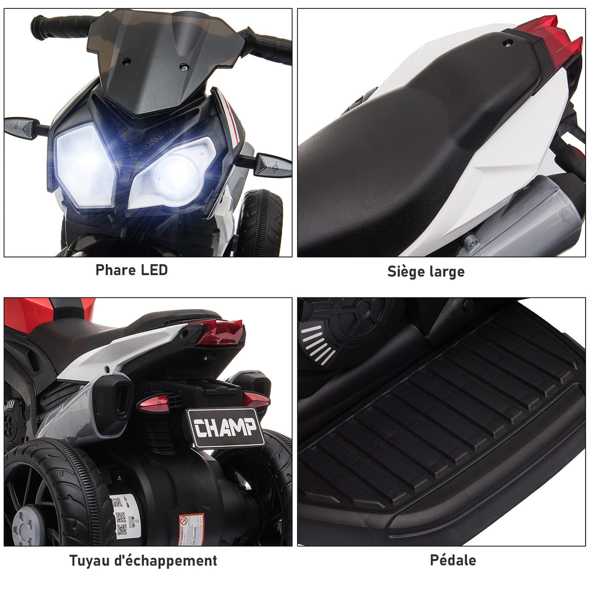Moto électrique enfants 3 roues 6 V, voiture électrique enfants avec effets lumineux et sonores, vitesse 3 km/h, pour 3 à 5 ans, charge 25 kg, noir et rouge