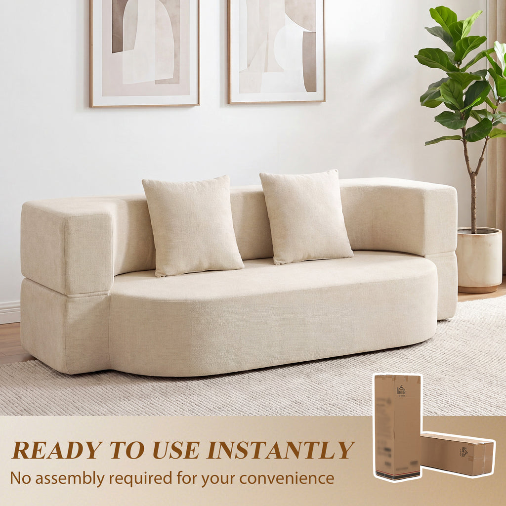 Canapé Convertible 2 Places, Canapé-Lit en Chenille 190cm, Dossier Rabattable, Assise et Accoudoirs Larges, Beige-7