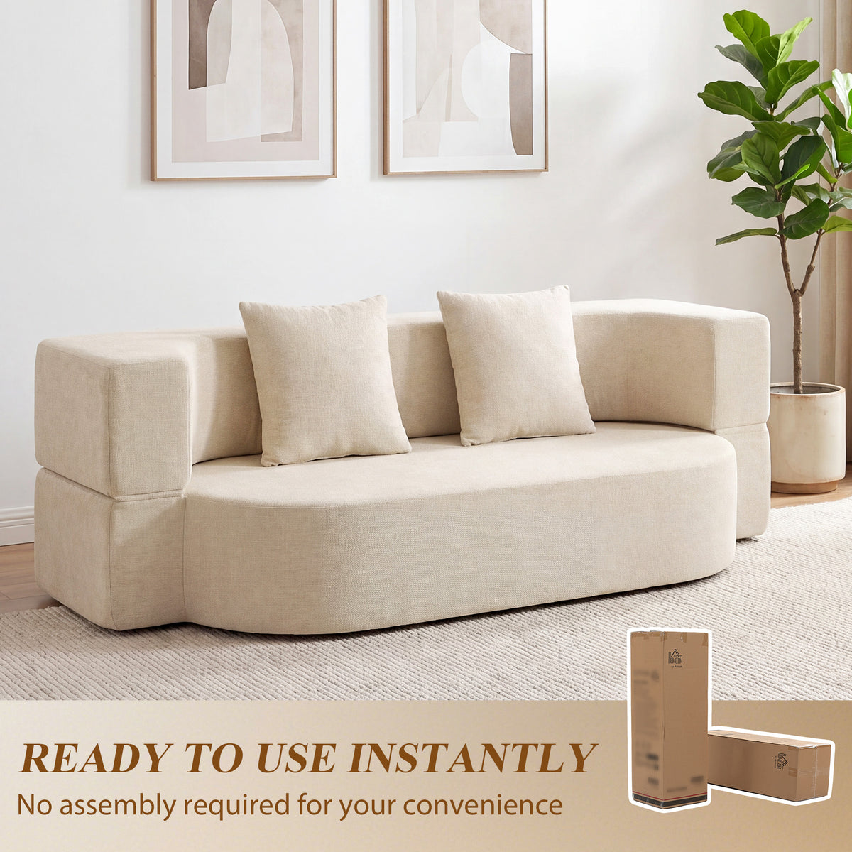 Canapé Convertible 2 Places, Canapé-Lit en Chenille 190cm, Dossier Rabattable, Assise et Accoudoirs Larges, Beige-7