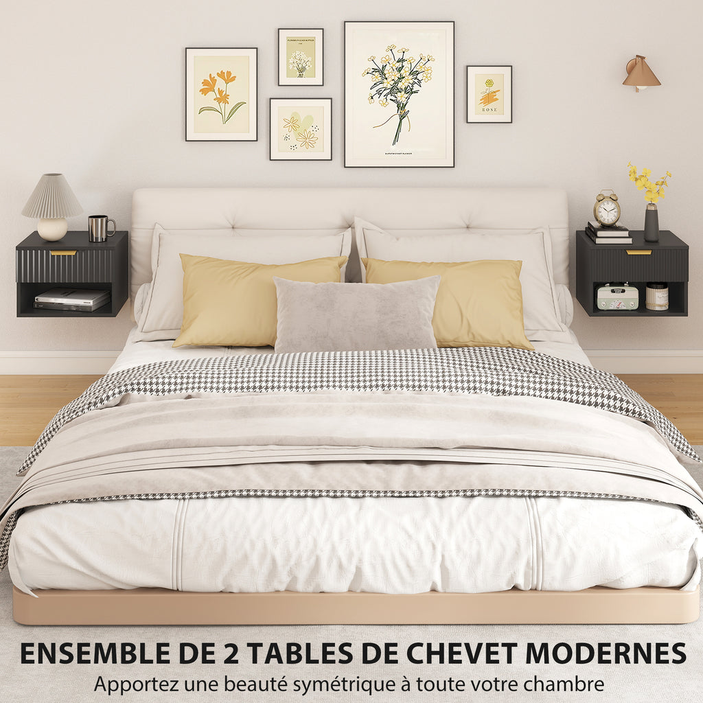 Lot de 2 tables de chevet suspendues, tables de nuit murales avec tiroir et niche, moderne, 40x34x29cm, noir-3