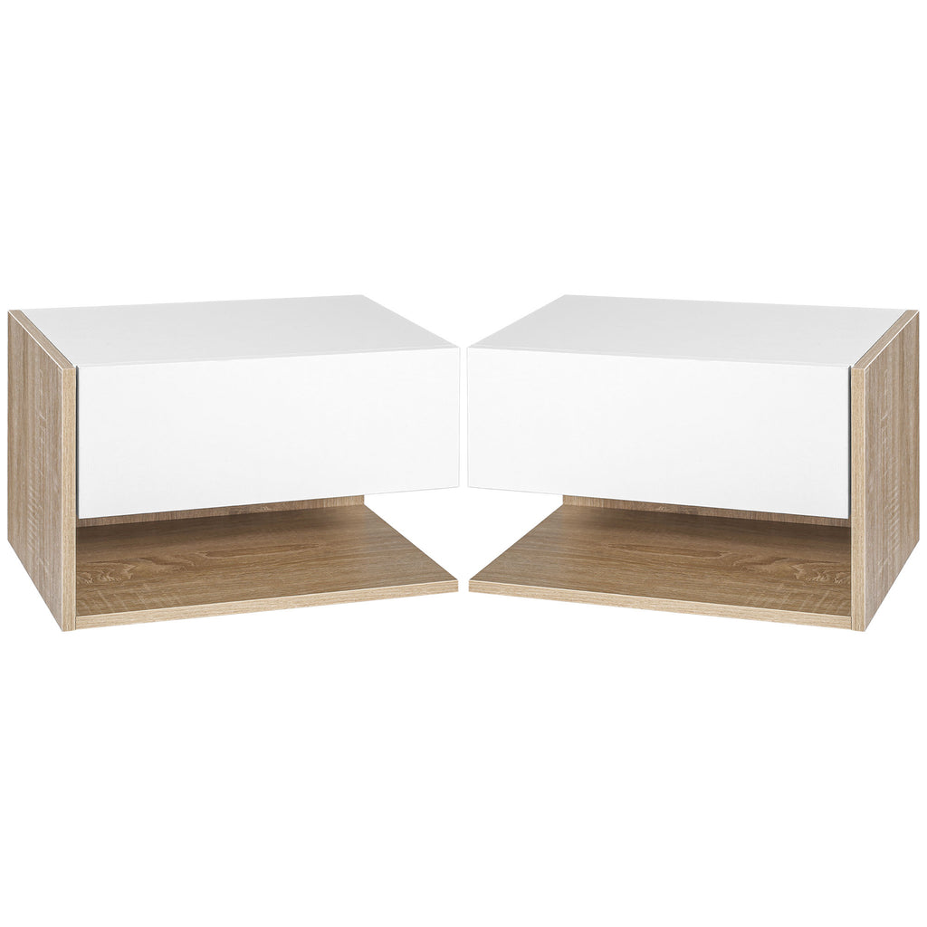 Lot de 2 Tables de Chevet murales - Lot de 2 Tables de Nuit - tiroir Coulissant, étagère, Bicolore Aspect chêne Blanc-0