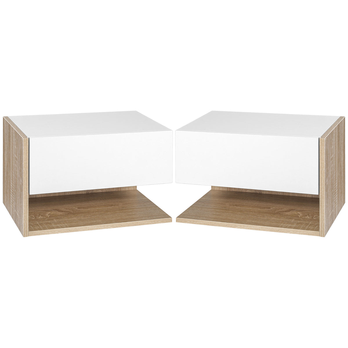 Lot de 2 Tables de Chevet murales - Lot de 2 Tables de Nuit - tiroir Coulissant, étagère, Bicolore Aspect chêne Blanc-0