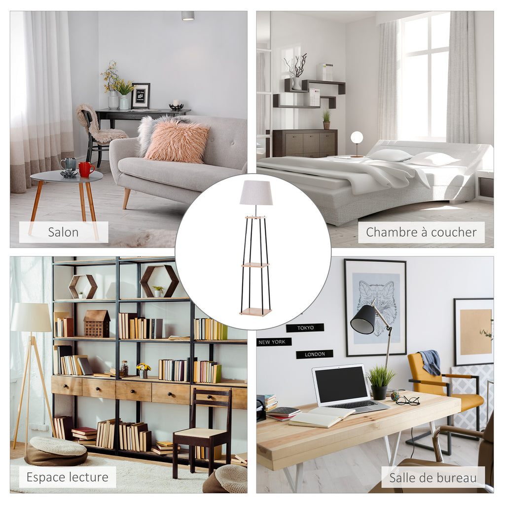 Lampadaire design contemporain dim. 40L x 40l x 160H cm 40 W max. 3 étagères intégrées bois massif pin métal noir lin beige-7