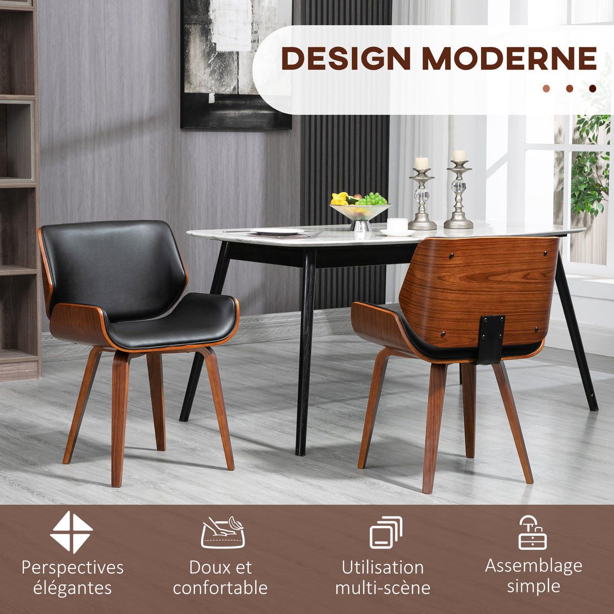 Lot de 2 chaises de salle à manger style vintage assise revêtement synthétique 53l x 54P x 81H cm noir marron-3