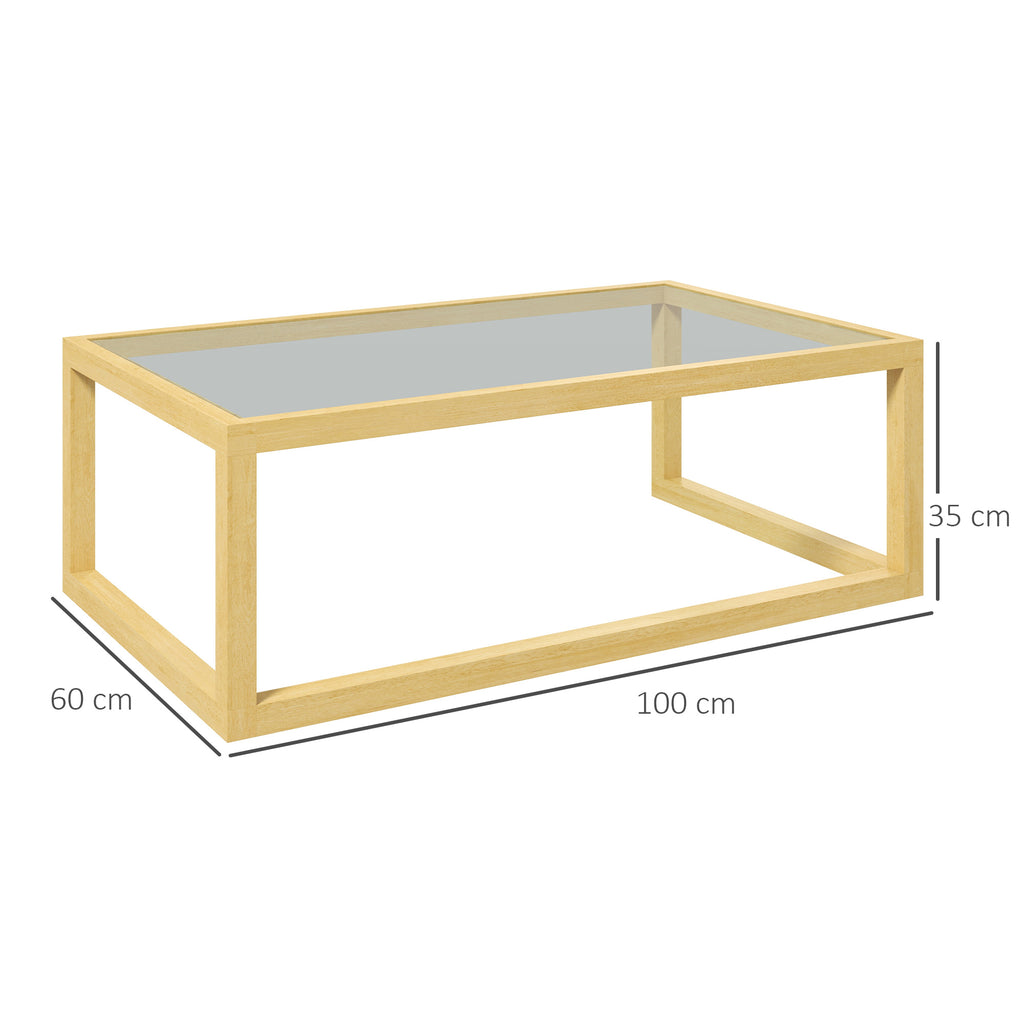 Table basse rectangulaire table de salon avec plateau en verre trempé cadre en bois d'hévéa dim. 100L x 60l x 35H cm-2