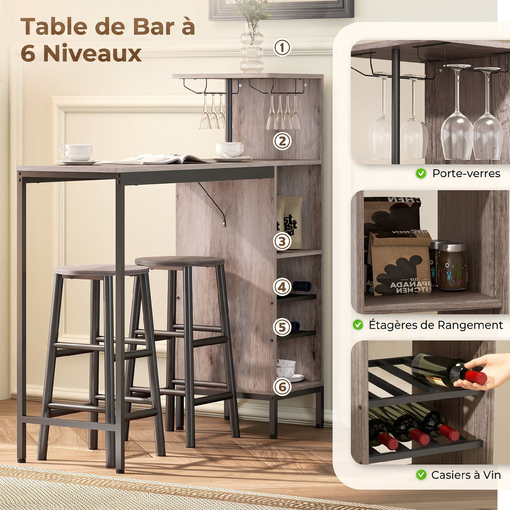 Ensemble table de bar avec tabourets, table à manger debout avec 2 chaises de bar étagères, casiers à vin, gris-3