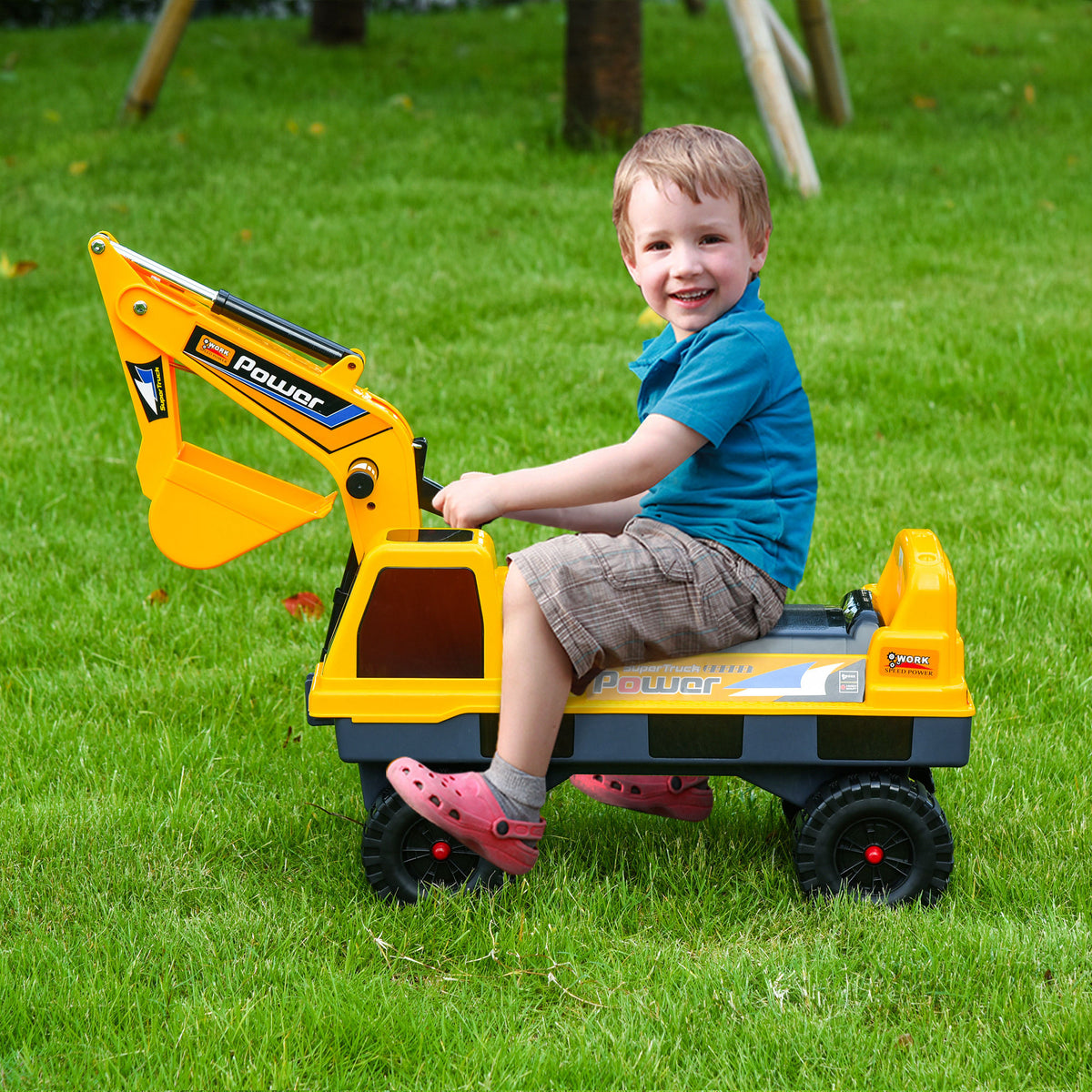 Porteur Enfant tractopelle 2-3 Ans Pelleteuse articulée avec Pince Incluse Effets sonores Lumineux PP Jaune