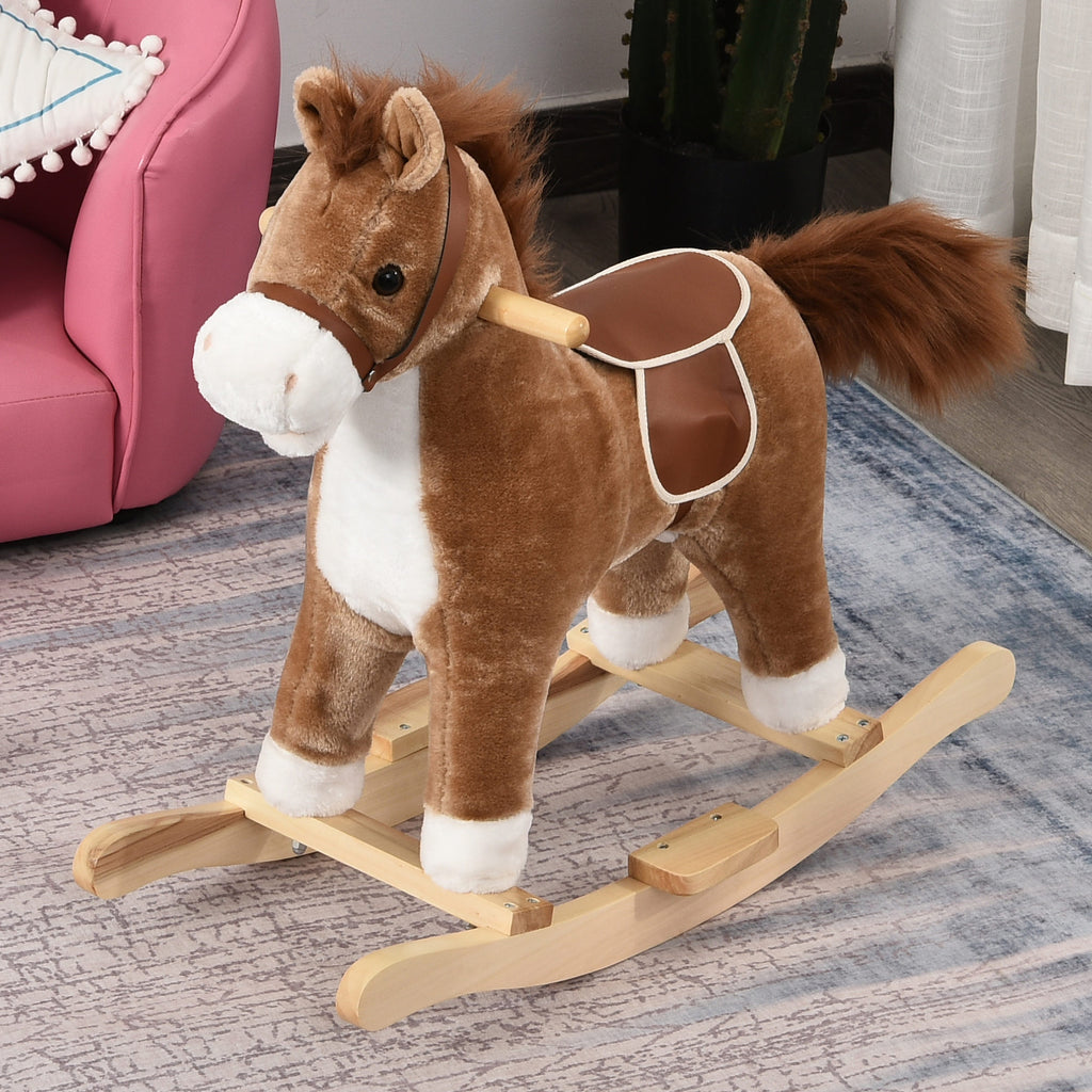 Cheval à Bascule Selle Grand Confort Peluche Courte Douce Bois peuplier Brun dim. 65L x 32,5l x 61H cm