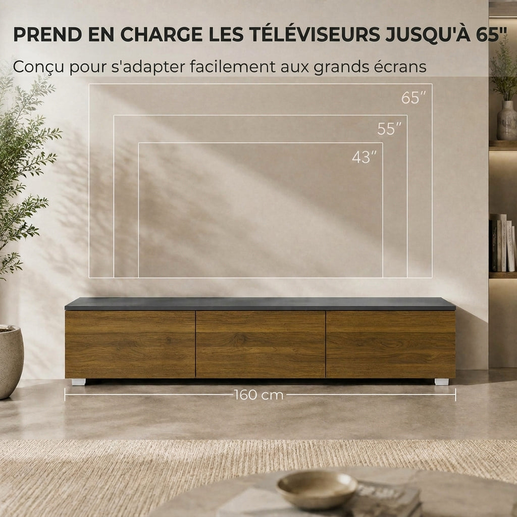 Meuble TV Suspendu ou sur Pied 160 cm pour Téléviseur 65 Pouces, Porte à fermeture, Passe-câbles, Noyer-6