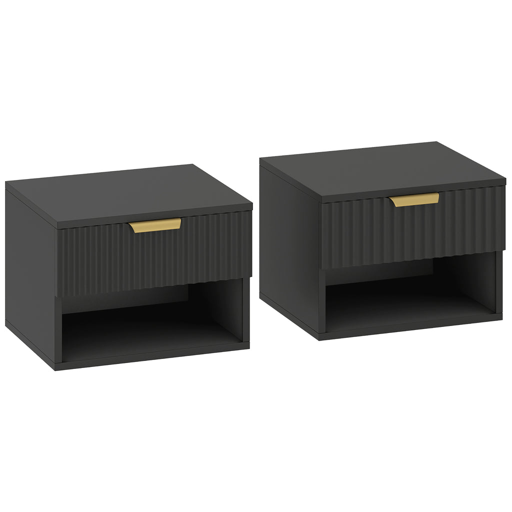 Lot de 2 tables de chevet suspendues, tables de nuit murales avec tiroir et niche, moderne, 40x34x29cm, noir-0