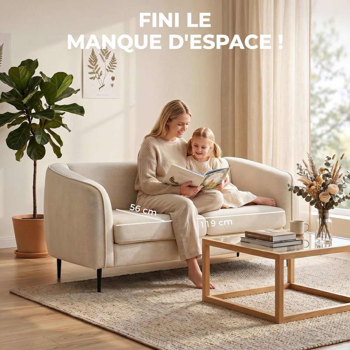 Canapé 2 places en velours, canapé de salon moderne 160 cm, assise large rembourrée, coussin épais à ressorts, beige-3
