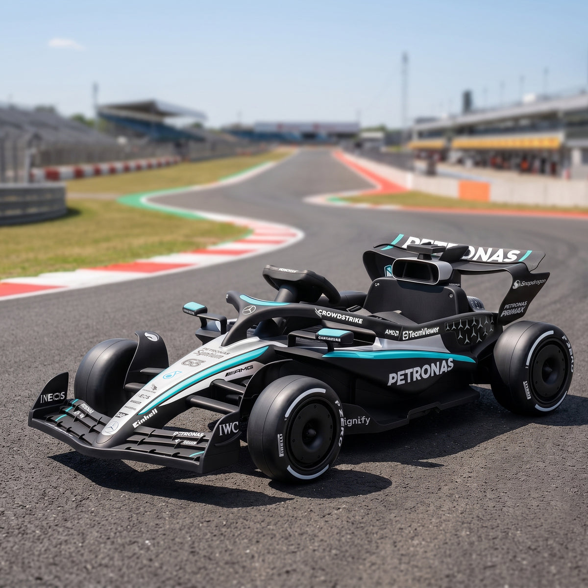 Mercedes-AMG PETRONAS F1 elektromos gokart – 12 V, lítiumakku, távirányító (Fekete/ezüst)