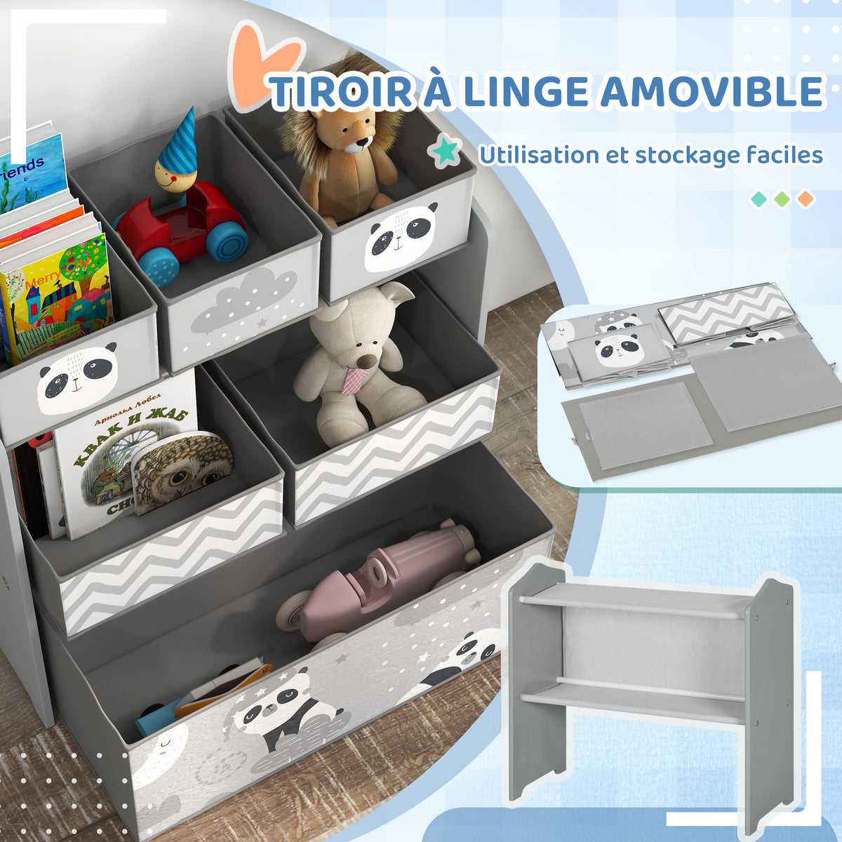 Meuble rangement enfant rangement jouet enfant 6 boîtes amovibles en tissu non tissé 63 x 30 x 66 cm gris-4