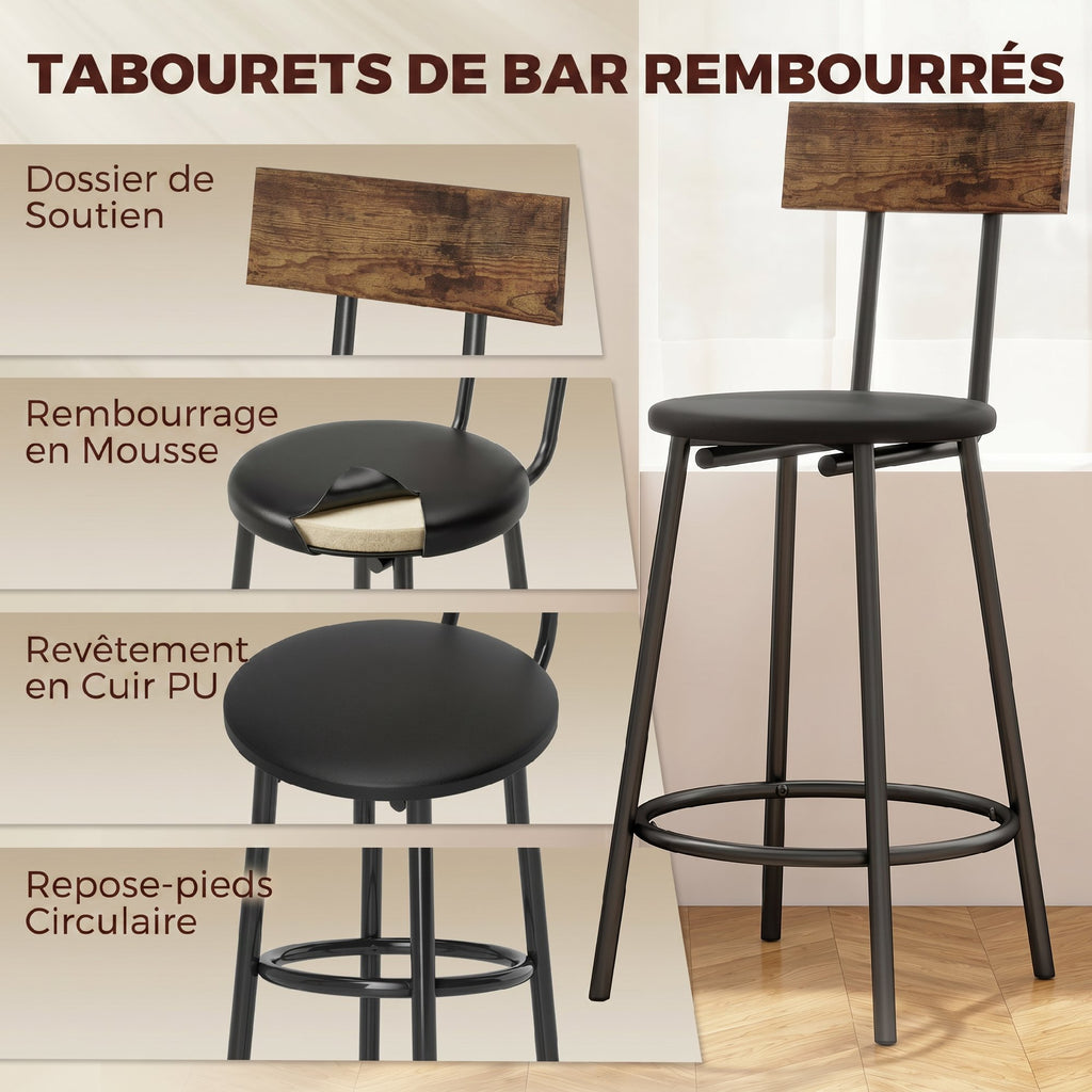 Ensemble Table de Bar avec 2 Tabourets, Table Haute de Cuisine et 2 Chaises de Bar Rembourrées PU, Repose-Pieds, Marron-4