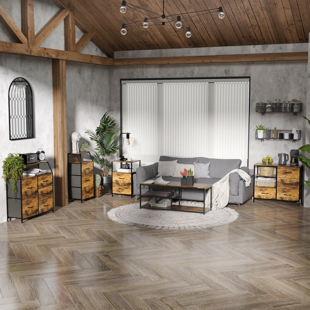 Meuble de rangement style industriel commode 3 tiroirs en tissu amovibles et 2 étagères - 44 x 29 x 92 cm - bois et métal-1