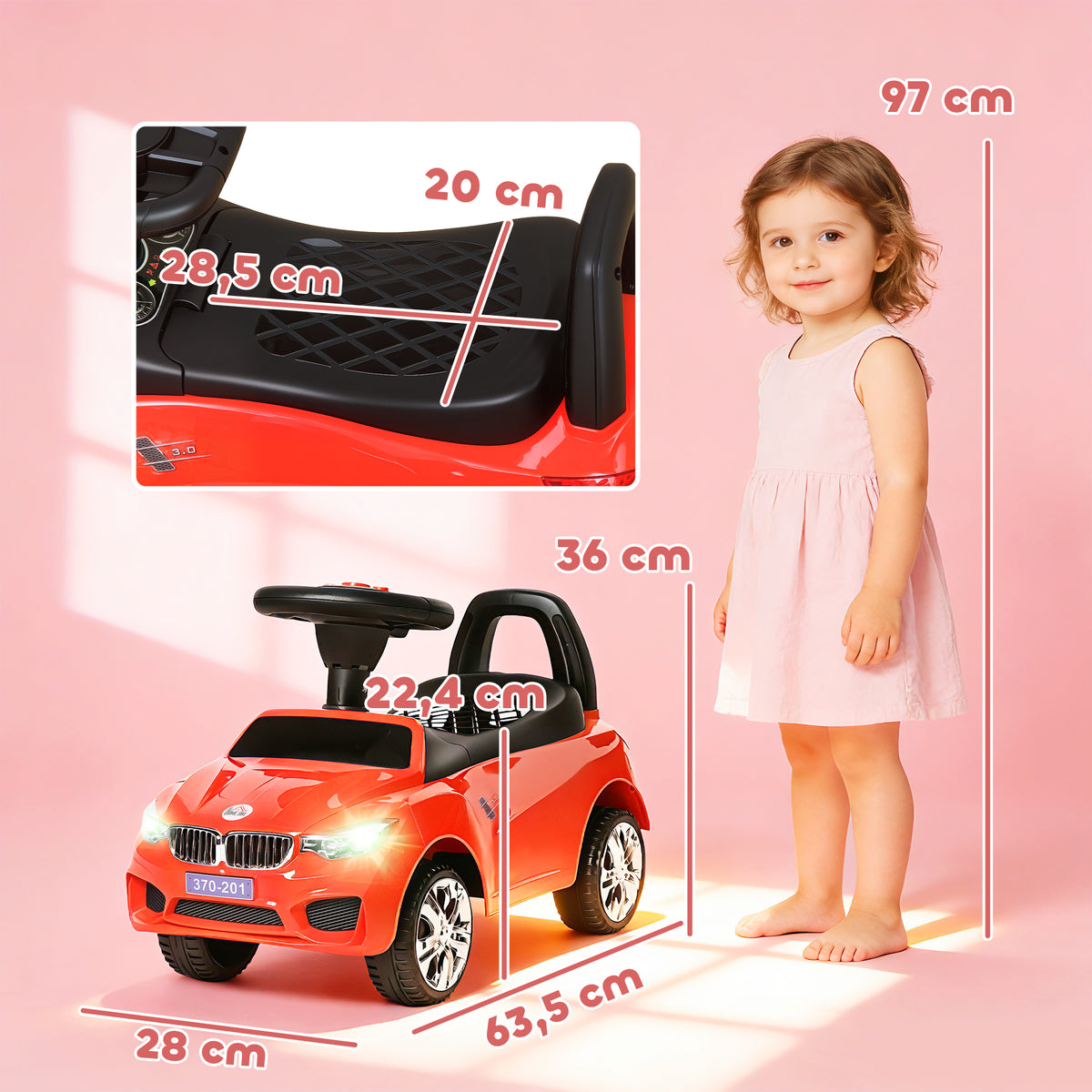 Porteur enfants voiture, véhicule à pousser avec coffre à jouets, klaxon, phares et musique, 63,5 x 28 x 36 cm, rouge