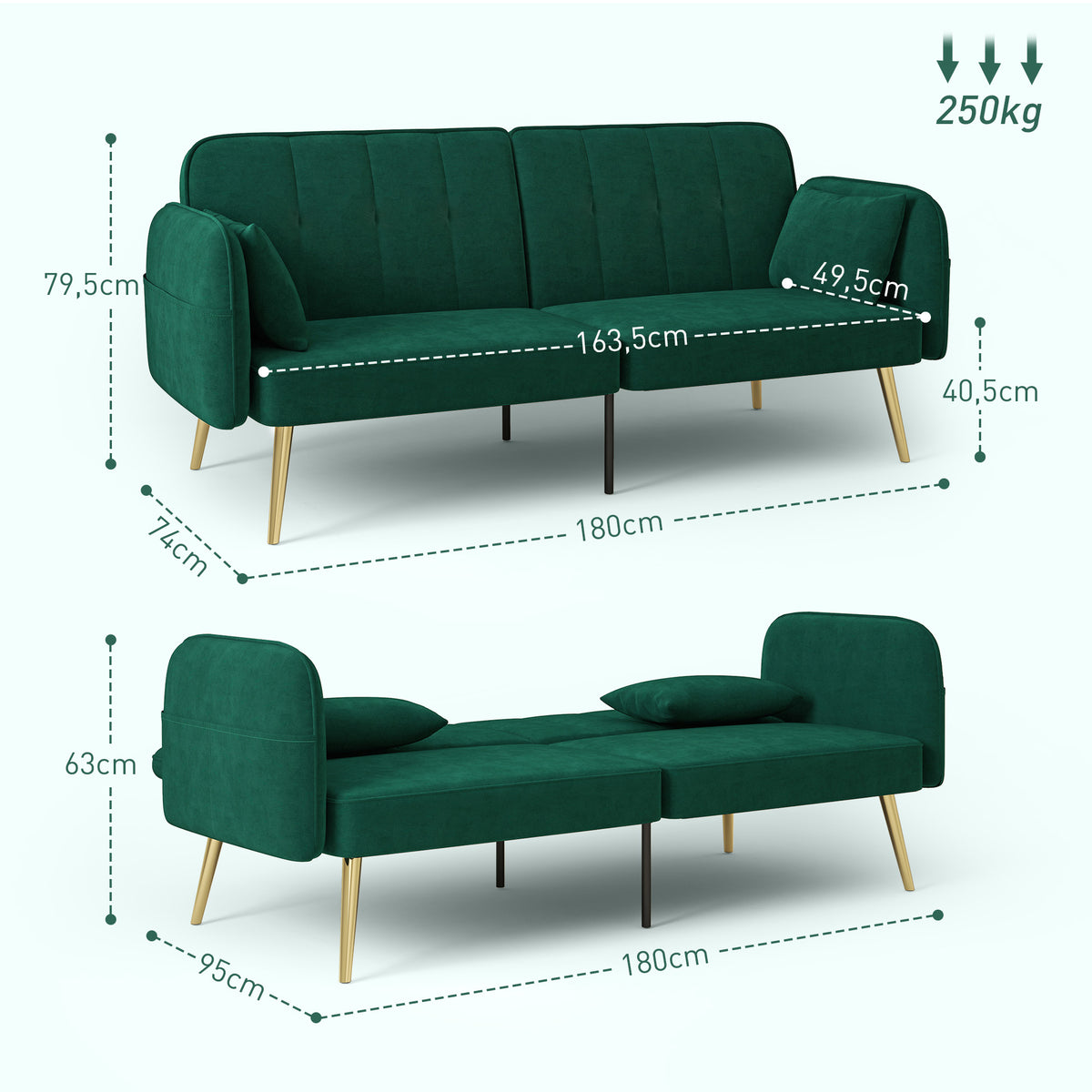 Canapé convertible 2 places canapé-lit canapé clic-clac en tissu velours avec dossier réglable, vert foncé-2