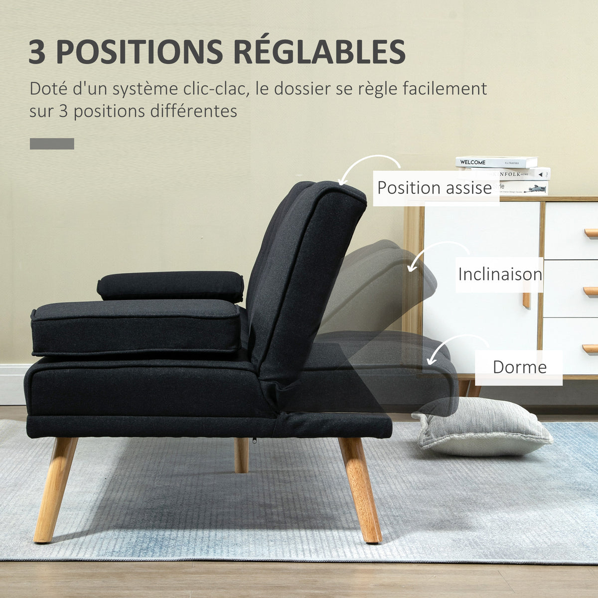 Canapé convertible 3 places, canapé-lit rembourré avec dossier réglable 3 niveaux, 2 coussins et 2 porte-gobelets intégrés, tissu de lin, pour salon, chambre d'amis, petit espace, gris-4